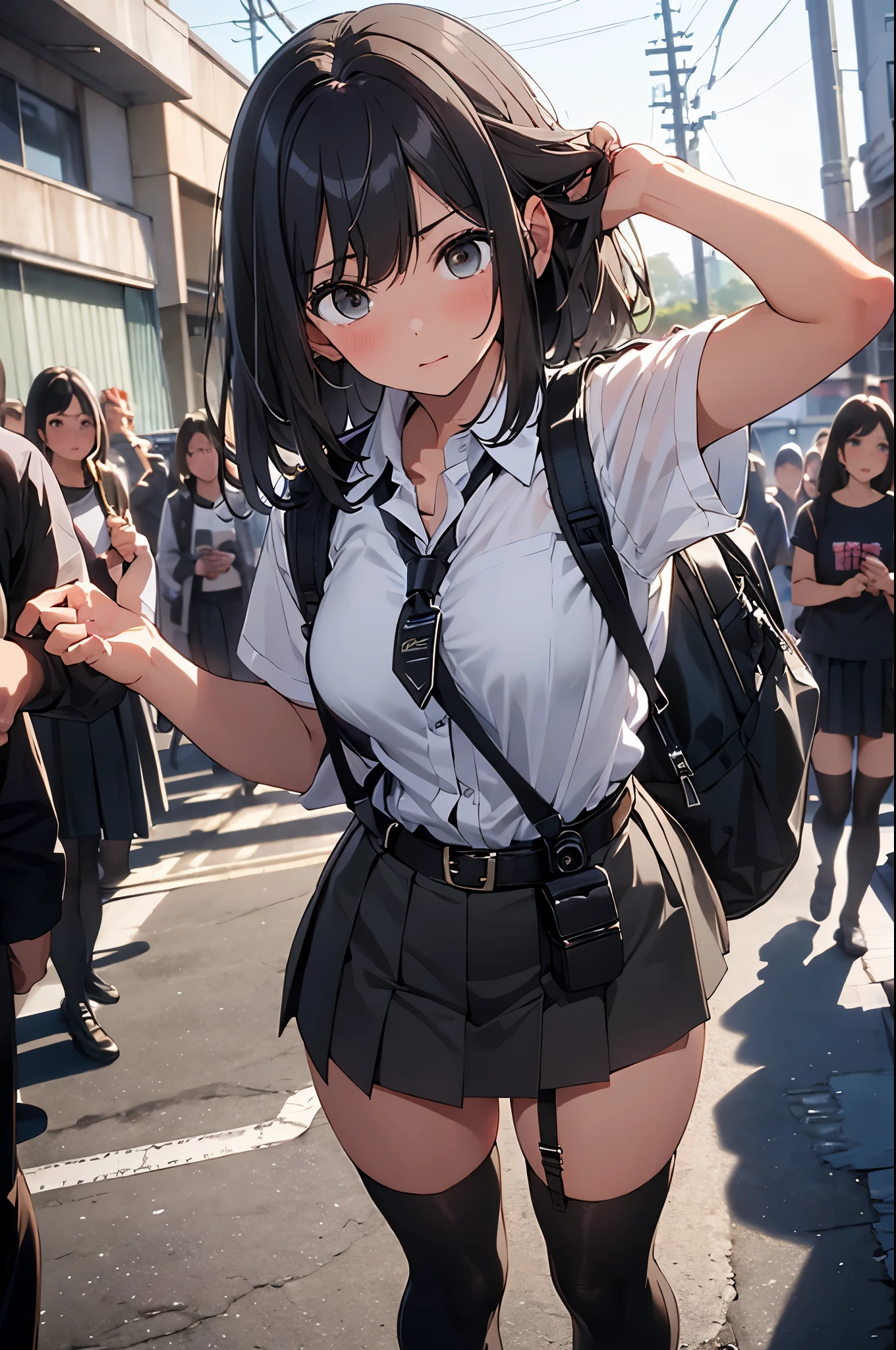 brown hair、looking at the viewer　　suspenders　　　Bulging big breasts　　 　 　　　　Black miniskirt　ガーターbelt　knee high socks　　　　　　Gaze　　　small face　bangs 　　　　　Beauty　　hands up　　 　Gaze 　black boots 　provocation　　　one person 　　　cutter shirt　　Panty shot　hands behind　put your hands behind your back　Hands behind your back　With your hands behind your back　armed　holster　handgun　belt