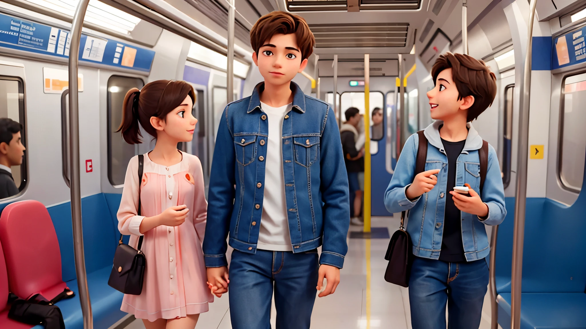 A boy and a girl in their 20's, they are best friend, they are talking to each other in a modern metro train with passengers, a front view at them.