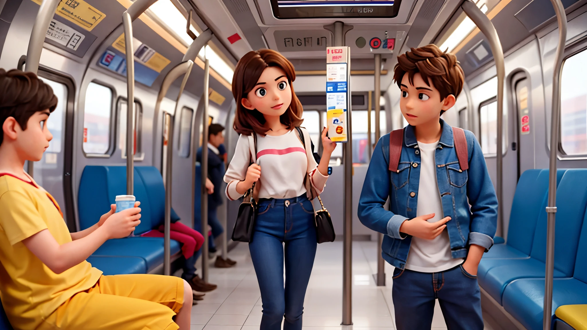 A boy and a girl in their 20's, they are best friend, they are talking to each other in a modern metro train with passengers, a front view at them.