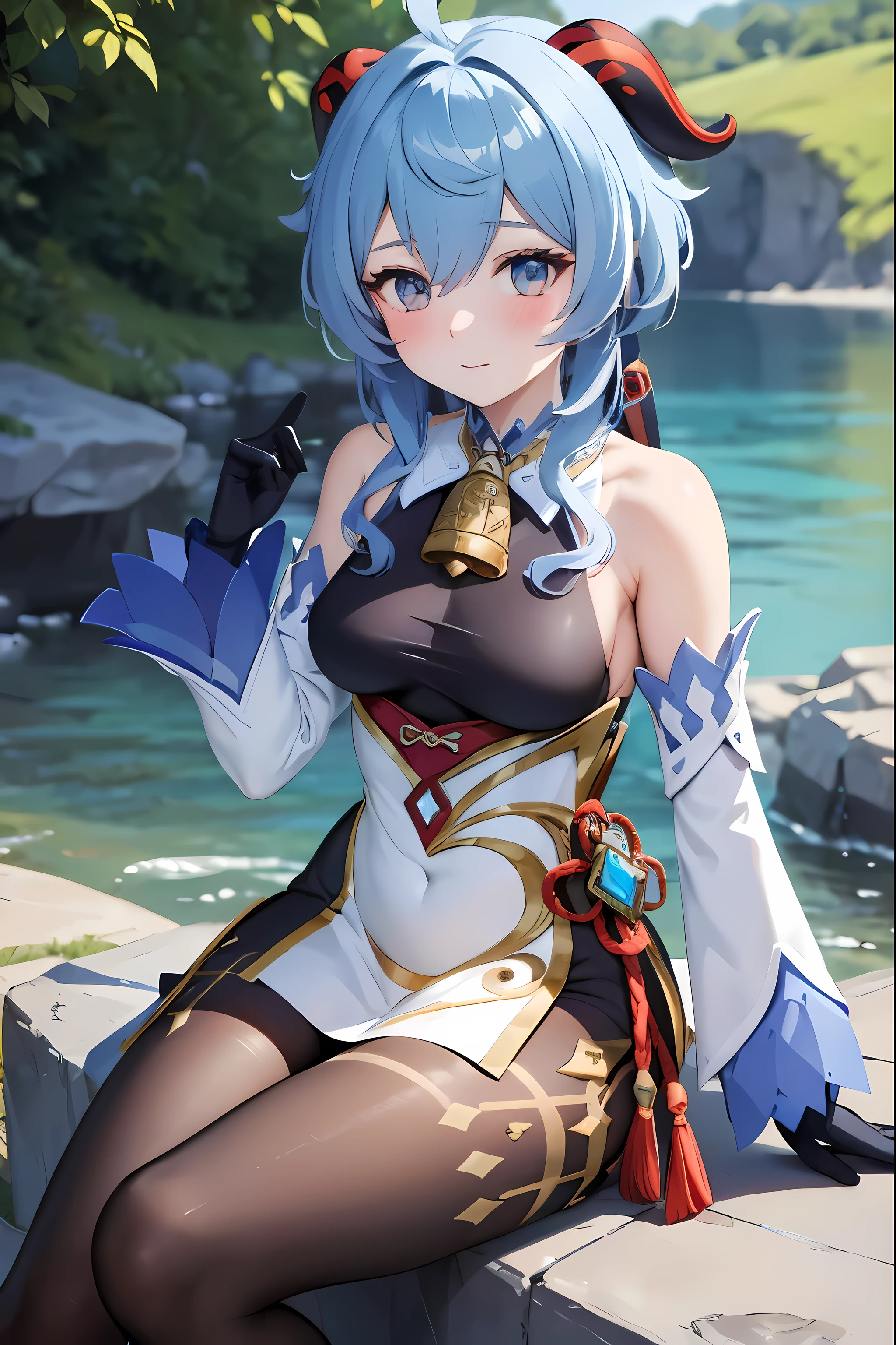 (best quality, masterpiece) 1girl, solo, looking at viewer, blushing, detailed design, 8K, accurate body, Ganyu /(genshin impact)/, beautiful eyes, perfect face, sitting on the rock
