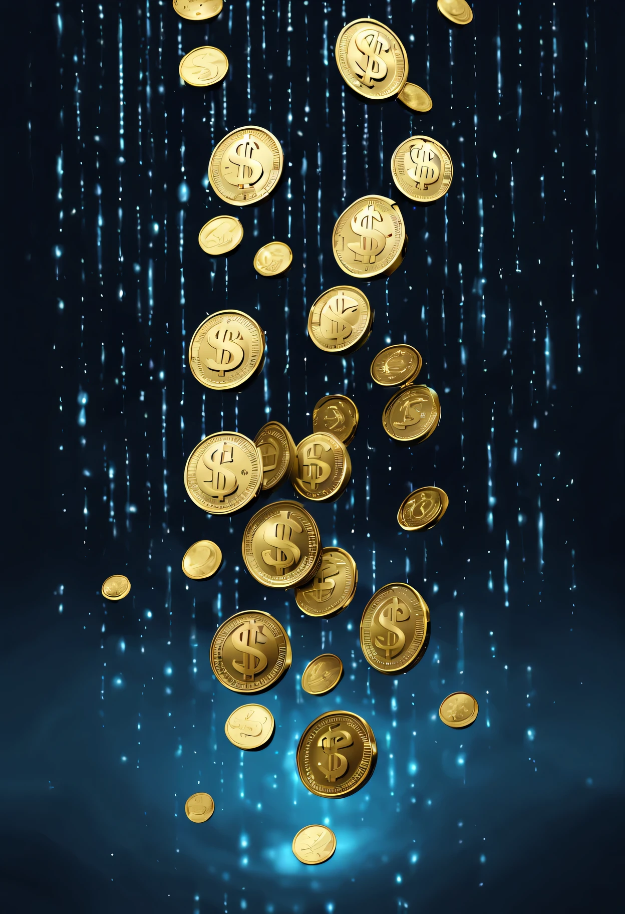 money rain, coding rain, money, coding lines, light blue coins, masterpiece, top quality, best quality, official art, beautiful and aesthetic:1.2, dark background, high contrast