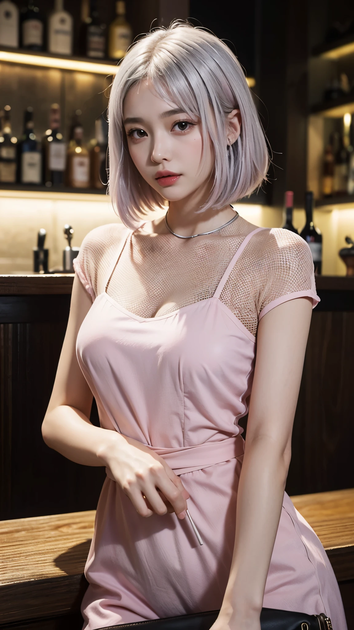 (highest quality、8K、16k、masterpiece、realistic、Super detailed、Beautiful in every detail、ray tracing)、photograph、beautiful asian girl、Face like a Korean idol、25 year old female model、whole body、((((At a bar with a relaxed atmosphere))))、((over the bar counter))、(detailed bartender clothes)、(work as a clerk)、
(detailed face、golden ratio of beauty)、gentle smile、detailed lips、fine eyes、((silver hair pink mesh hair color))、medium bob hair、Idol style super cute face、Slim and beautiful body、beautiful breasts、Glossy skin、