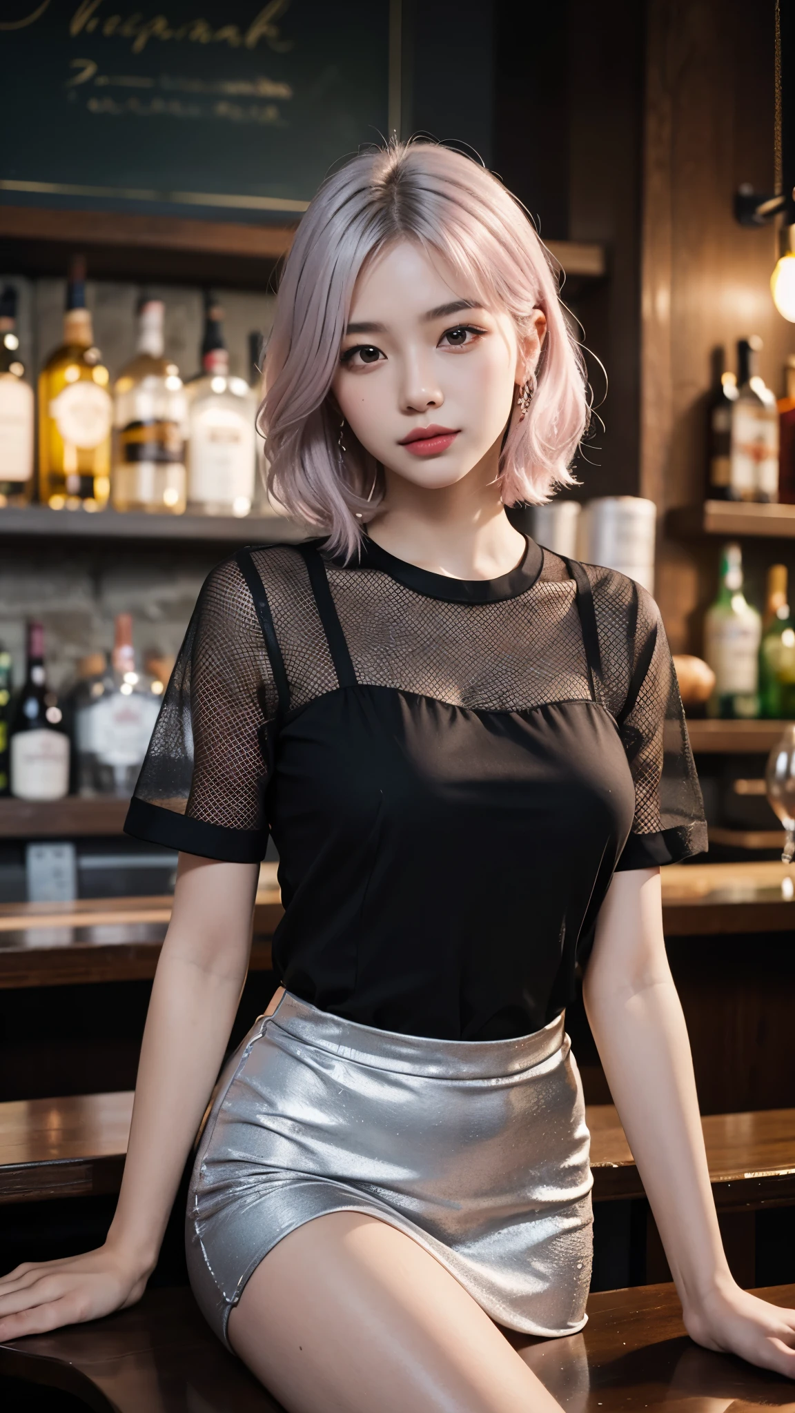 (highest quality、8K、16k、masterpiece、realistic、Super detailed、Beautiful in every detail、ray tracing)、photograph、beautiful asian girl、Face like a Korean idol、25 year old female model、whole body、((((At a bar with a relaxed atmosphere))))、((Over the bar counter))、((clerk))、(detailed bartender clothes)、(Black uniform)、
(detailed face、golden ratio of beauty)、gentle smile、detailed lips、fine eyes、((silver hair pink mesh hair color))、medium bob hair、Idol style super cute face、Slim and beautiful body、beautiful breasts、Glossy skin、