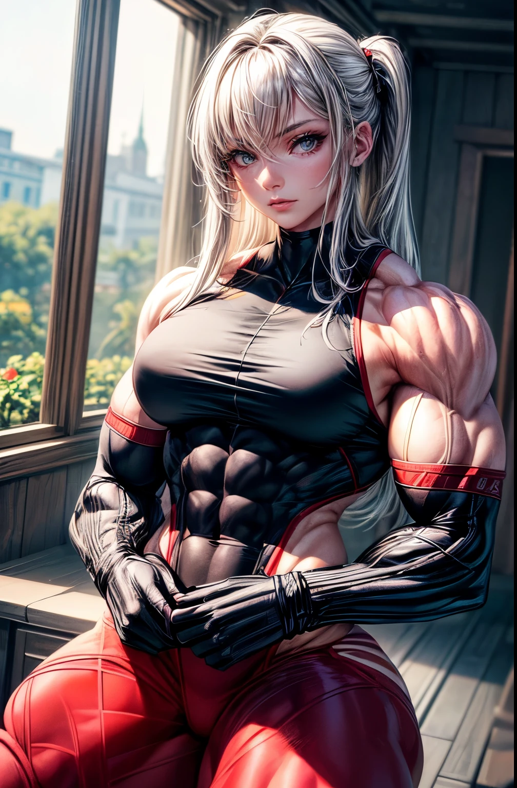 (best lighting) , (Extremely complex and detailed) , 4K unified, (Super detailed CG: 1.2) , (8k: 1.2),(original), (masterpiece) , (best quality),(masterpiece:1.4),Anime-like high quality,(masterpiece),masterpiece, Super clear picture quality,clearer than,(delicate face)best quality, absurd,((Master of Peace, 4K, 8k, Yes, high resolution))1个girl, female student,She was in the garden,Ten strong abdominal muscles,stand up,Crop topping,dense, Raised veins on arms,spring, boots, Perfect body, silver long hair, dynamic poses,legs exposed,Strong leg muscles ((bodybuilder:1.5)),spring Garden,(beautiful bass),(girl),(Miss),(((Upper body:1)))Black gel coat,Black reflective pantyhose,Close-fitting