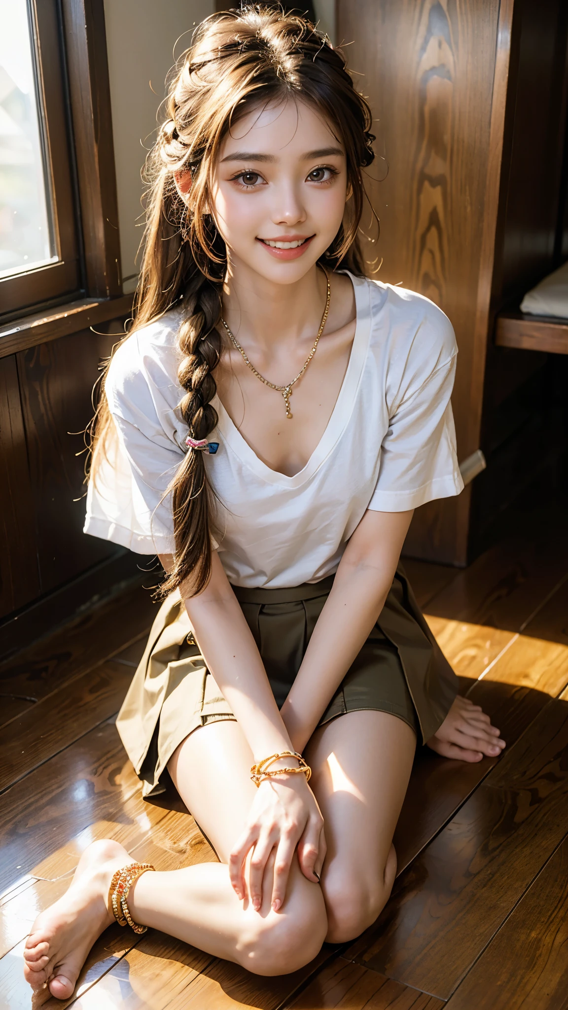highest quality, masterpiece, ultra high resolution, (realistic:1.4), (Portrait of a man sitting on his knees) RAW photo, 1 girl, 22 years old,Korean restaurant in Shin-Okubo,detailed face,((small t-shirt and miniskirt)),((asian accessories)),(large multiple necklaces)、(multiple bracelets)、((glitter anklet)),((barefoot)),((looking up at the viewer)),legs are closed,saturation, contrast, ((small breasts)),((smile showing teeth)),brown hair,fine braided dreads,braid ribbon in hair,