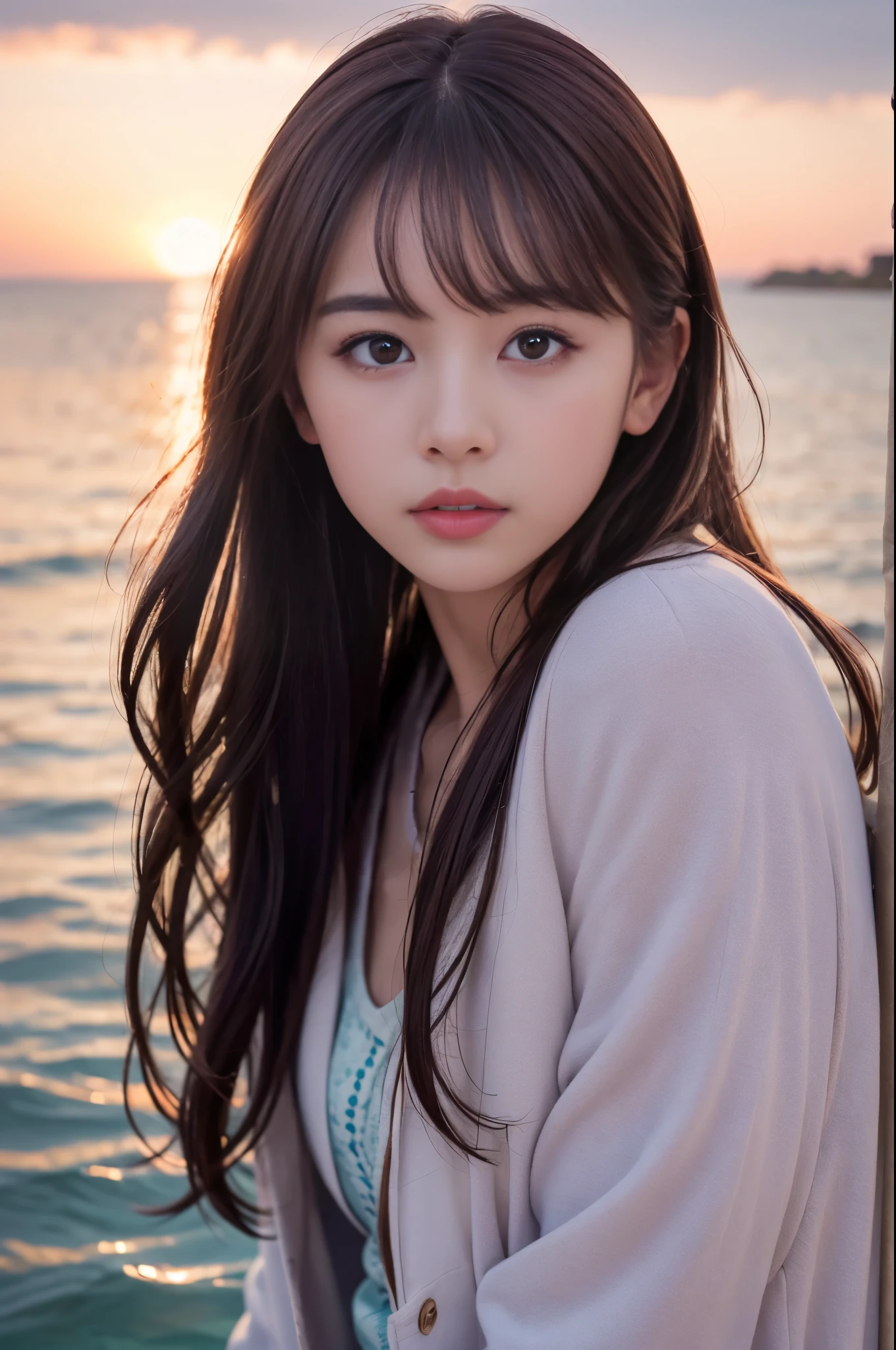 (8K, RAW photo, highest quality, masterpiece:1.3), (realistic, photo-realistic:1.4), (Highly detailed 8K wallpaper), sharp focus, Depth of written boundary,
japanese idol,very cute, ,(coat:1.3),(long hair and straight hair :1.3), Upper body, highly detailed face and eyes,((shiny skin:1.2)), cinematic lighting, soft light, blur background,( Calm morning seascape with the morning sun reflecting on the water surface, Create a sparkling effect. far away, You can also see small fishing boats., As we approach the shore, shells are scattered on the sand. The sky is painted in soft shades of pink and orange, some clouds drifting :1.2)