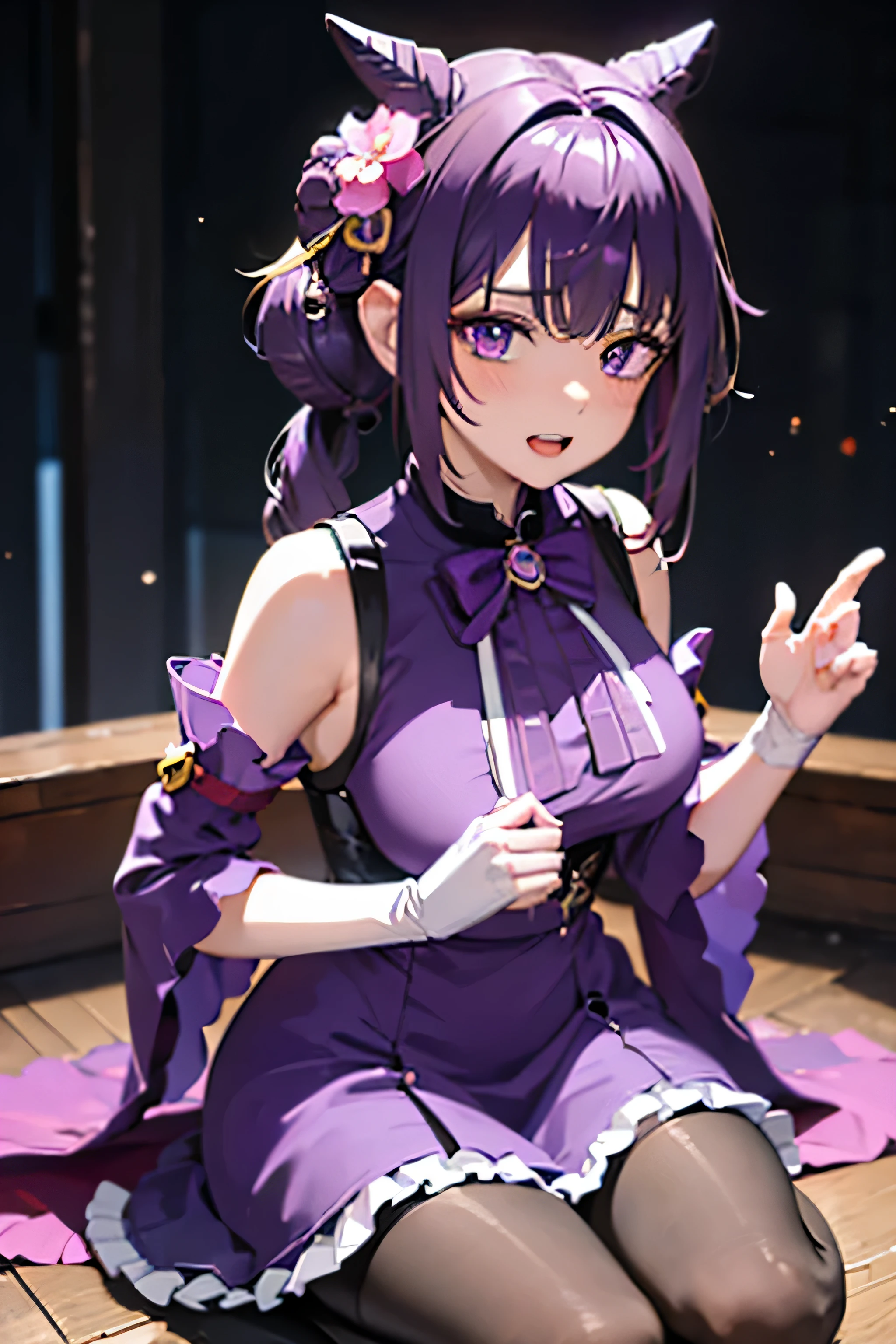 genshin impact, keqing (genshin impact), 1girl, bangs, black pantyhose, blush, braid, breasts, clothes lift, collared dress, cone hair bun, detached sleeves, double bun, dress, dress lift, flower, frilled gloves, frills, gloves, hair bun, hair ears, hair flower, hair ornament, hairpin, large breasts, looking at viewer, neck tassel, open mouth, pink eyes, purple dress, purple gloves, purple hair, sidelocks, sitting, solo, twintails, very long hair, white flower