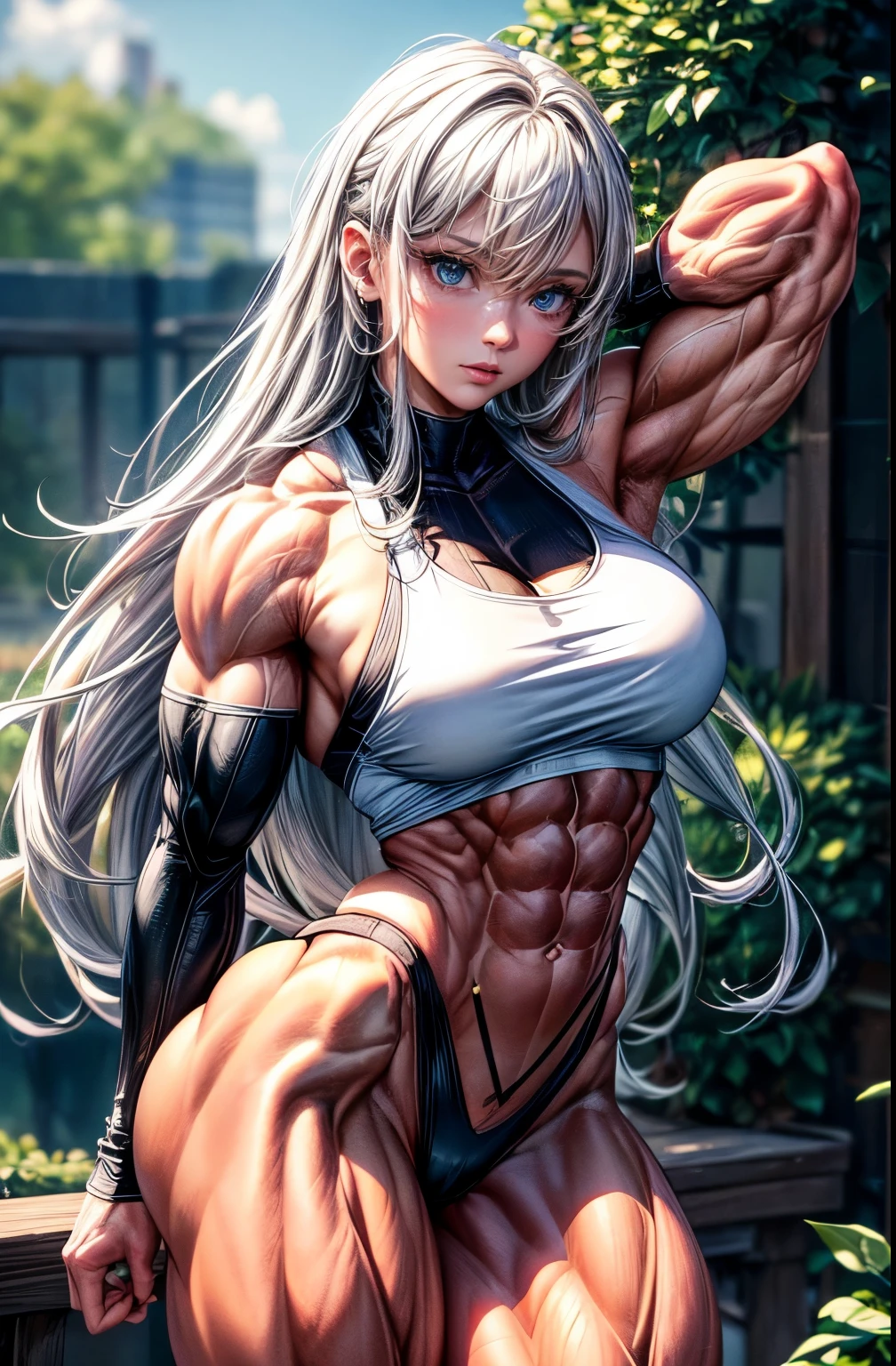 (best lighting) , (Extremely complex and detailed) , 4K unified, (Super detailed CG: 1.2) , (8k: 1.2),(original), (masterpiece) , (best quality),(masterpiece:1.4),Anime-like high quality,(masterpiece),masterpiece, Super clear picture quality，clearer than，（delicate face）best quality, absurd,((Master of Peace, 4K, 8k, Yes, high resolution))1个girl, female student，She was in the garden，Ten strong abdominal muscles，stand up,Crop topping,dense, Raised veins on arms，spring, boots, Perfect body, silver long hair, dynamic poses,legs exposed，Strong leg muscles ((bodybuilder:1.5)),spring Garden,(beautiful bass),(girl),(Miss),(((Upper body:1)))Black gel coat，Black reflective pantyhose，Close-fitting