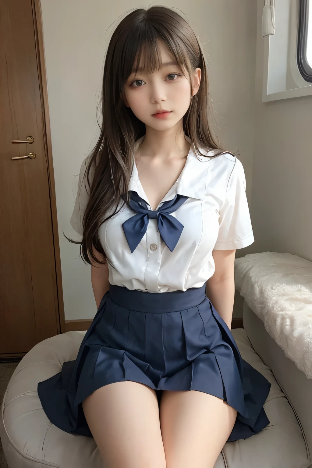 wearing short skirt、Alafid asian woman wearing bow tie sitting on train, cute schoolgirl, japanese schoolgirl, wearing japanese school uniform, japanese school uniform, a hyperactual schoolgirl, Dress up as a schoolgirl, hyperactual schoolgirl, Wearing school uniform, actual , girl wearing, Wearing school uniform, one poses, whole body, Good skin, glowing skin, beautiful thighs,glowing thighs, Glowing legs, (())