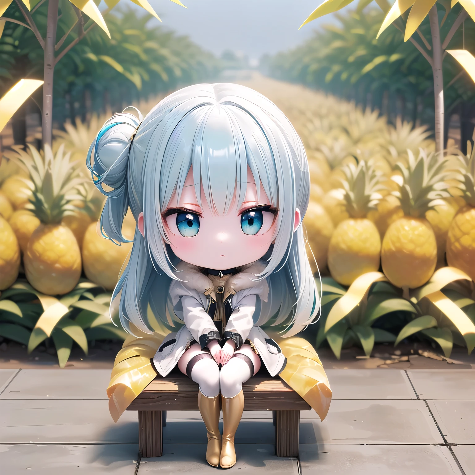 ((chibi, pineapple, 3dcg, 1 girl: 1.5)), (red cheeks, indifference, Expressionless, hair blowing in the wind, almond shaped eyes, shiny white-blue hair,chignon hair, Carefully drawn fingertips: 1.5), (masterpiece, highest quality, Beautiful anatomy: 1.3), (chibi Body, side view, hood coat with fur,Flashy jewelry accessories, A pale light surrounds my entire body,Chic fashion, sit,Full body, knee high boots,Upward gaze: 1.3), (guiding light, a beautiful plain of fresh greenery, a shining plumage:1.3),(Golden orchard, entrance,:1.4)