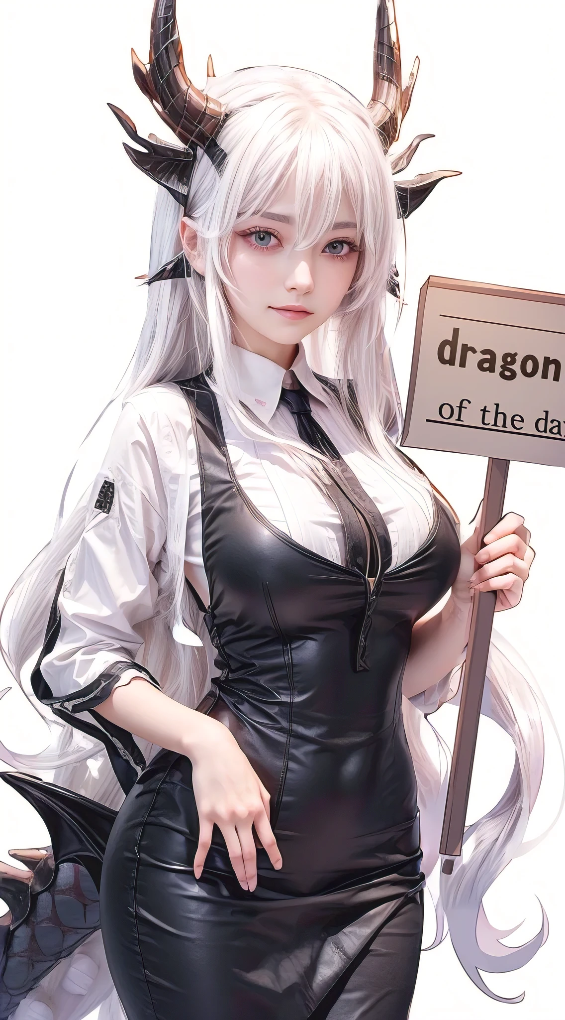a beautiful adult female, long white hair, pink eyes, long eyelashes, holding a sign that says "dragon of the day", dragon horns, dragon tail