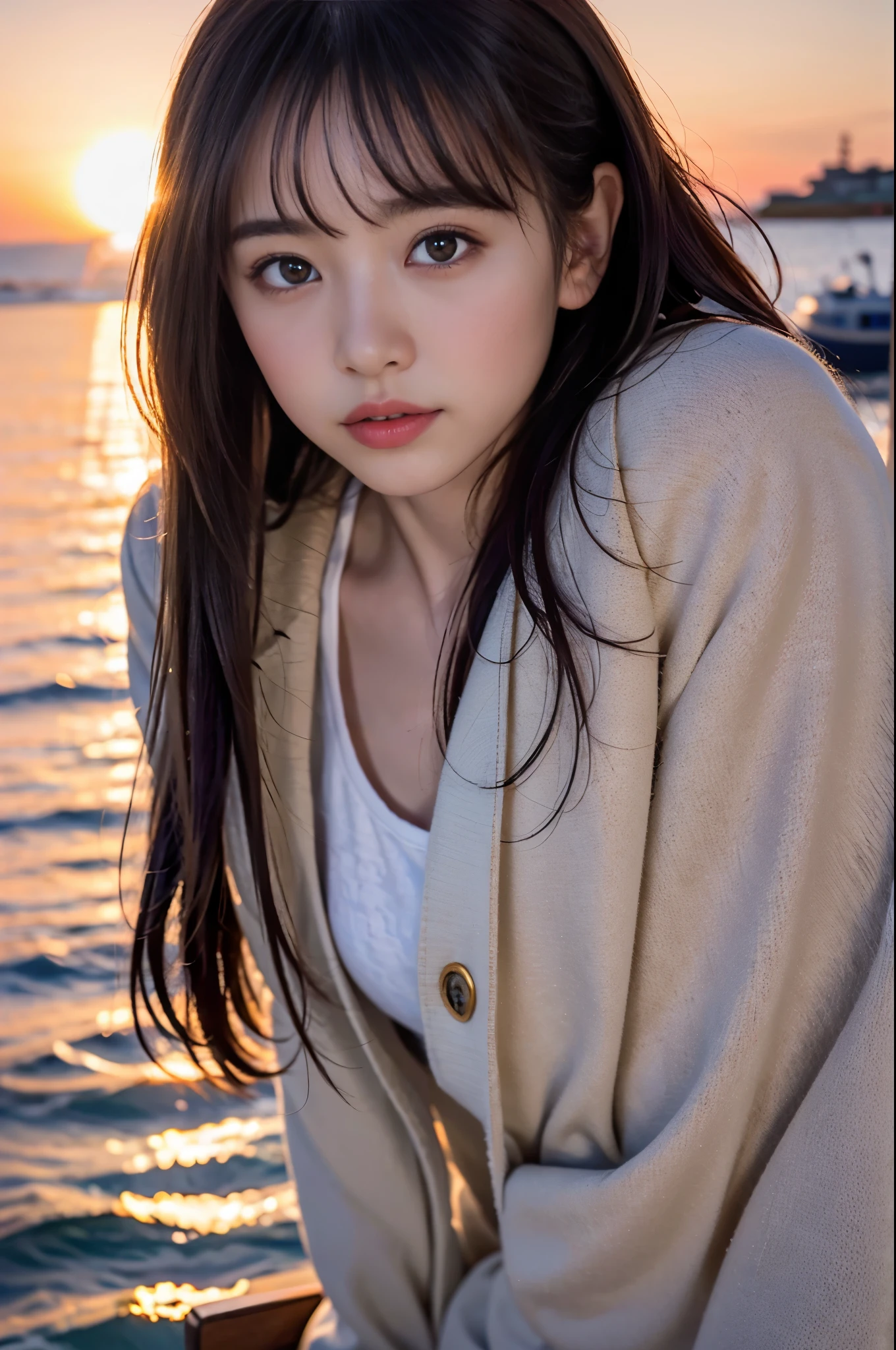  (8K, RAW photo, highest quality, masterpiece:1.3), (realistic, photo-realistic:1.4), (Highly detailed 8K wallpaper), sharp focus, Depth of written boundary,
 japanese idol,very cute, baby face,(coat:1.3),(long hair and straight hair :1.3), Upper body, highly detailed face and eyes,((shiny skin:1.2)), cinematic lighting, soft light, blur background,( Calm morning seascape with the morning sun reflecting on the water surface, Create a sparkling effect. far away, You can also see small fishing boats., As we approach the shore, shells are scattered on the sand. The sky is painted in soft shades of pink and orange, some clouds drifting :1.2)