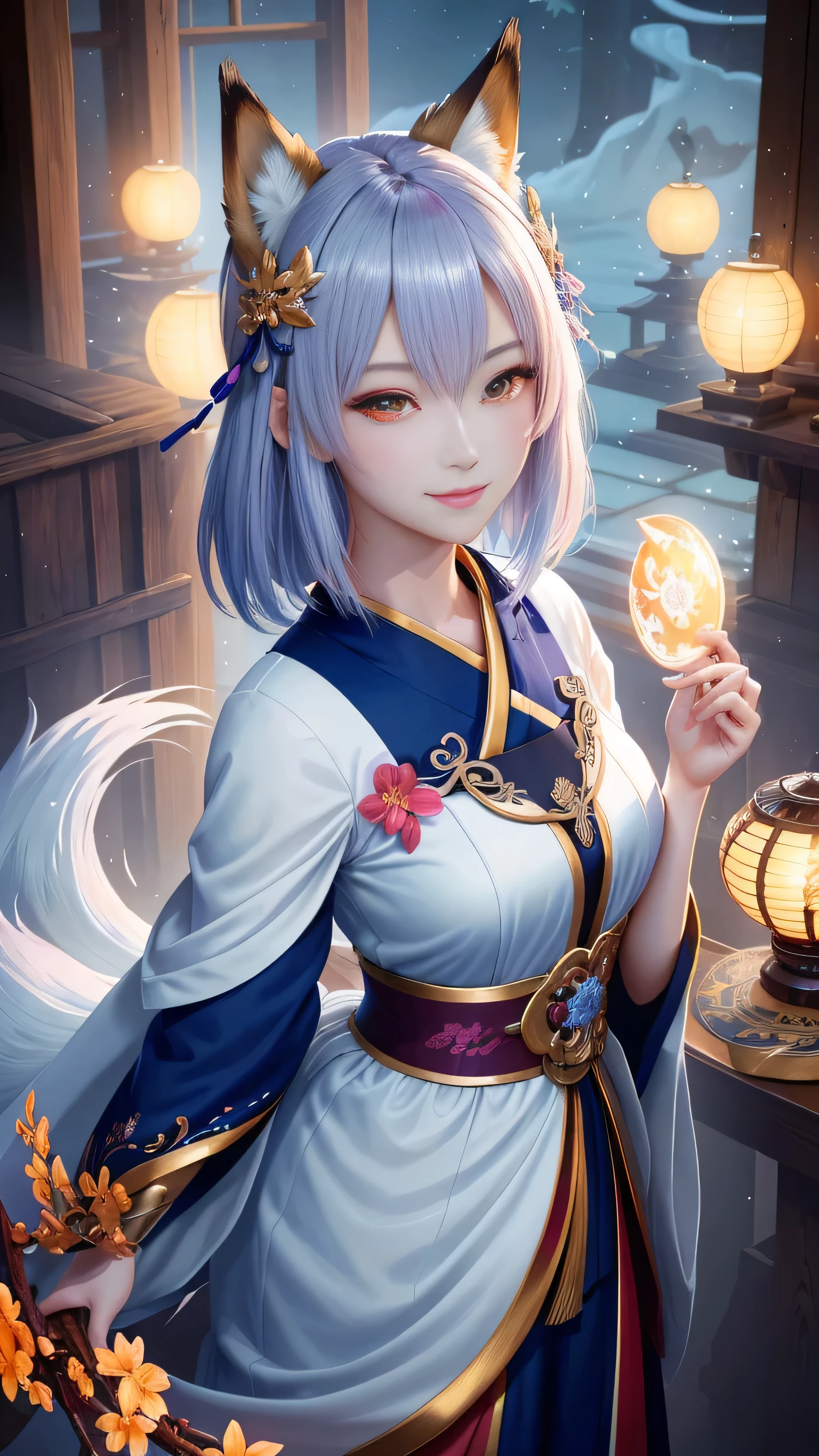 masterpiece , highest quality,close up of face,smile,colorful hair,Sharp contrast,whole body,Only one person,precision quality,beautiful short hair, masterpiece, japanese architectureの背景,beautiful details, colorful, delicate details, delicate lips, intricate details, genuine, ultrargenuineista, 枝に座っている色とりどりの髪のFoxを持つ女の子:mature, bright eyes, ,色とりどりのFox, Raposa the Nine Tails, 三尾Fox, 三尾Fox, Onmyoji detailed art, beautiful fine art illustration, mythical creatures, Fox, beautiful digital art,shrine maiden,japanese architecture,Holding hands,exquisite digital illustration, mizutsune, Inspired by mythical wild nest creatures, pixiv in digital art, dazzling light, high contrast, Mysterious,