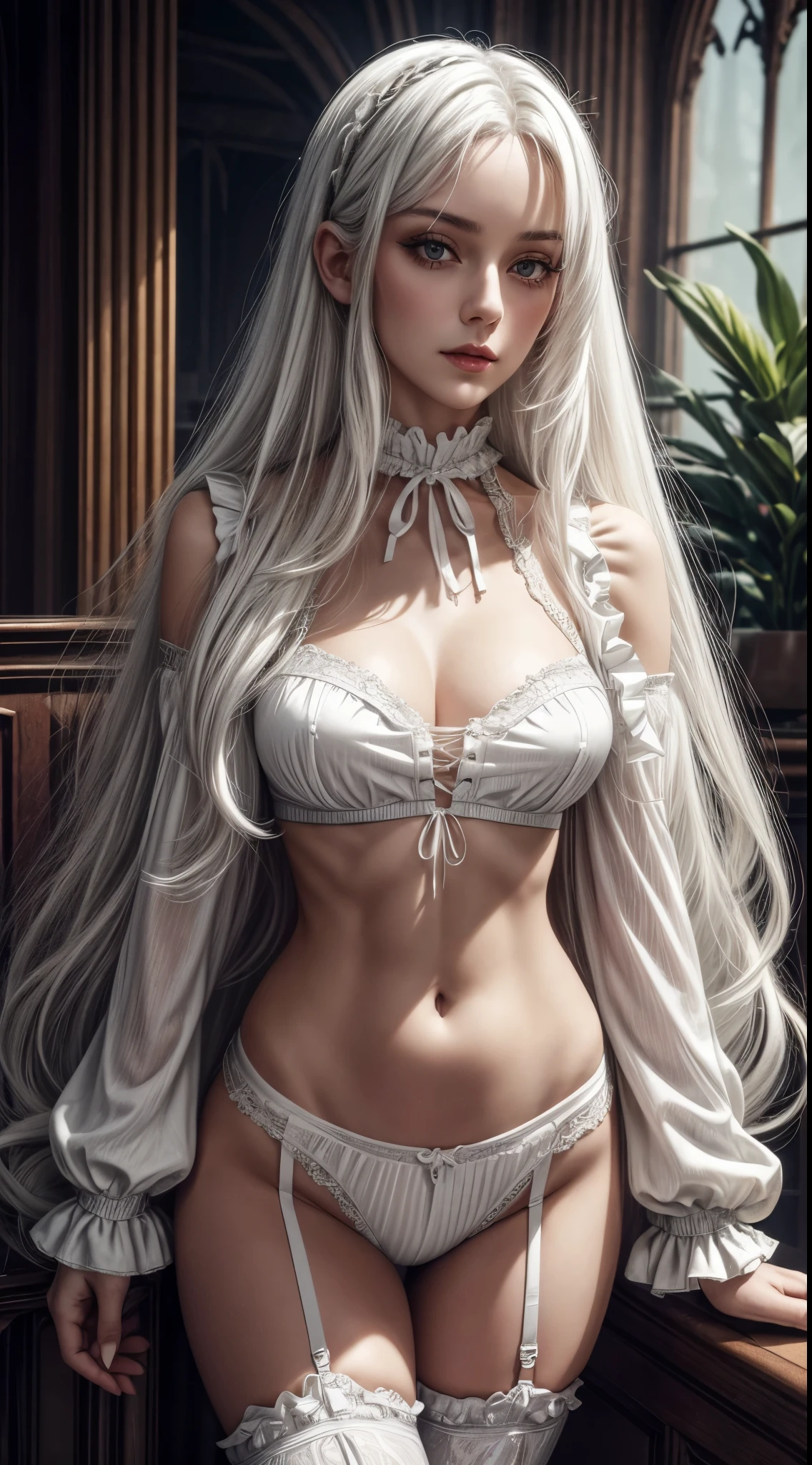 picture of a beautiful woman with long white hair in a Victorian gothic style midriff white shirt and short ruffle panties,velvet choker necklace,holographic undertones