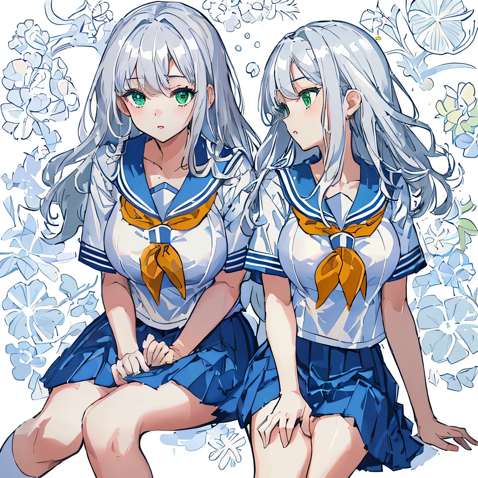white background,masterpiece, highest quality,shape,sailor suit,slanted eyes,straight hair,silver hair,side parted,super dense skin,beautiful and detailed eyes,short sleeve shirt,green eyes,(big breasts:1.1), (A raised and well-defined bust:1.1), (lifted chest:1.2), (perky chest :1.1),high school girl,Please sit down,high socks,loafers