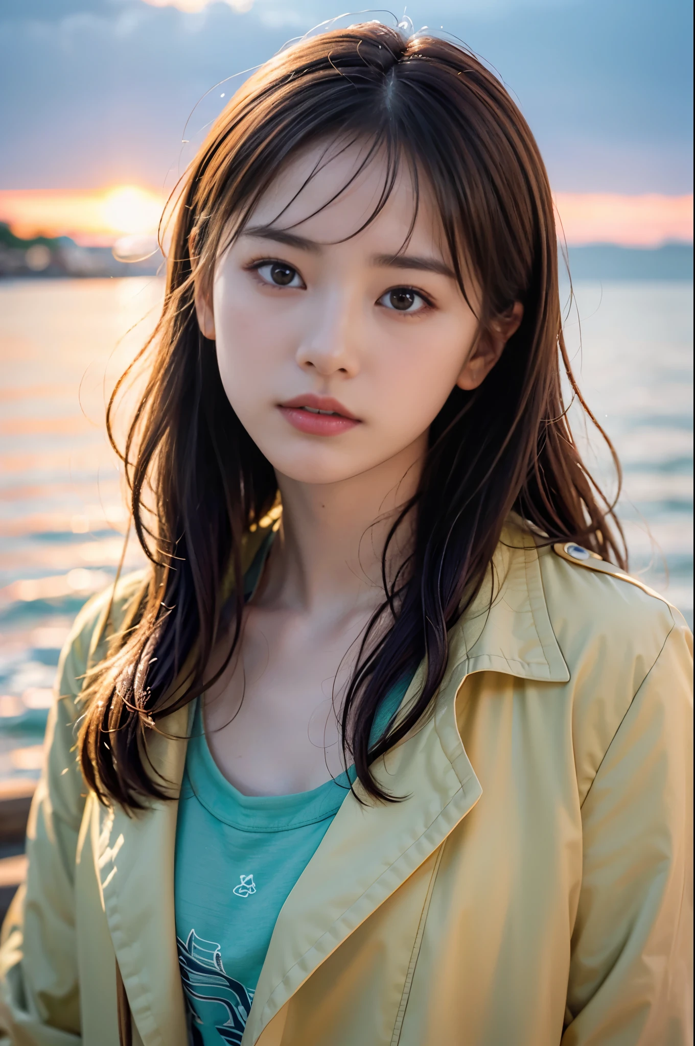  (8K, RAW photo, highest quality, masterpiece:1.3), (realistic, photo-realistic:1.4), (Highly detailed 8K wallpaper), sharp focus, Depth of written boundary,
 japanese idol,very cute, baby face,(trench coat:1.3),(long hair and straight hair :1.3), Upper body, highly detailed face and eyes,((shiny skin:1.2)), cinematic lighting, soft light, blur background,( Calm morning seascape with the morning sun reflecting on the water surface, Create a sparkling effect. far away, You can also see small fishing boats., As we approach the shore, shells are scattered on the sand. The sky is painted in soft shades of pink and orange, some clouds drifting :1.2)