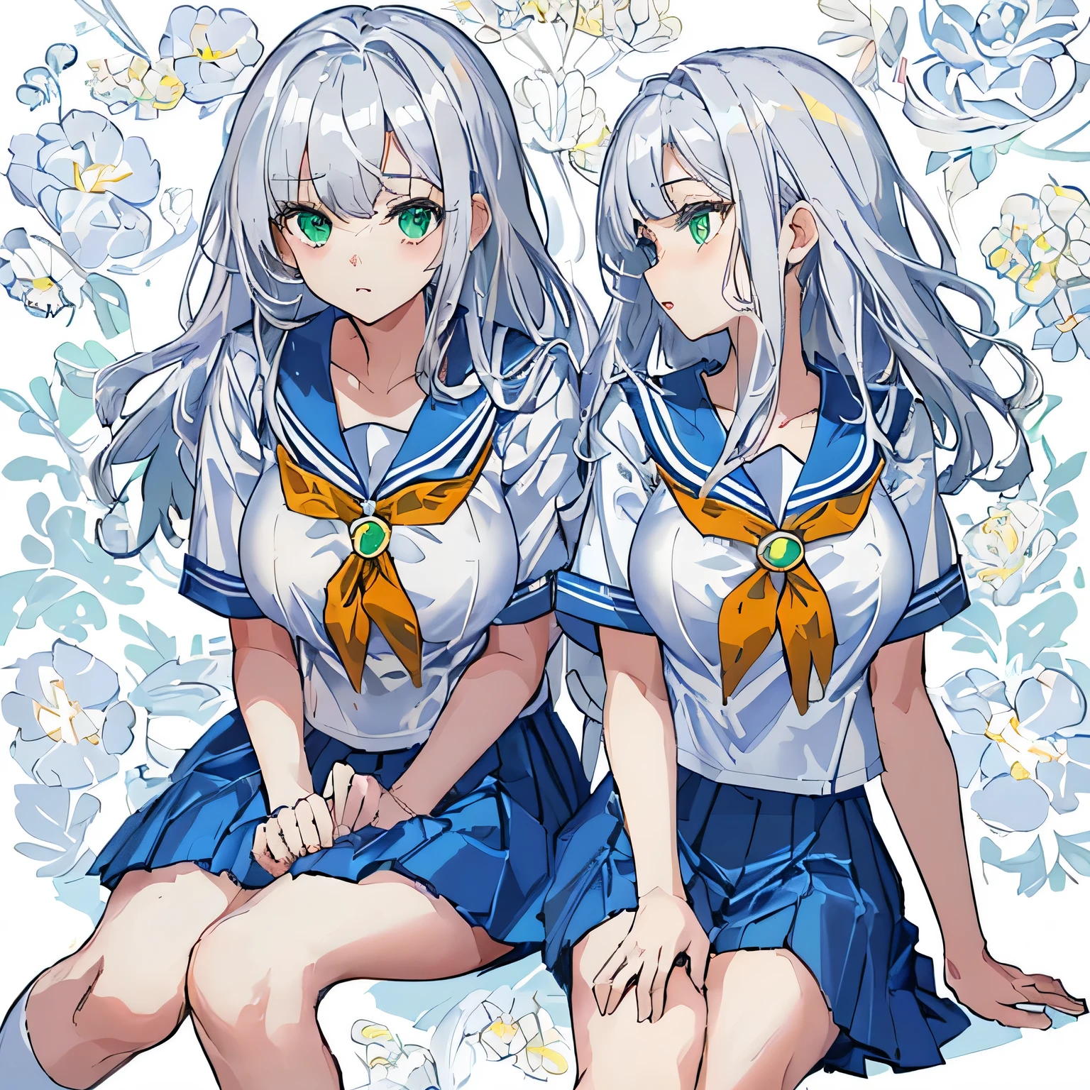 white background,masterpiece, highest quality,shape,sailor suit,slanted eyes,straight hair,silver hair,side parted,super dense skin,beautiful and detailed eyes,short sleeve shirt,green eyes,(big breasts:1.1), (A raised and well-defined bust:1.1), (lifted chest:1.2), (perky chest :1.1),high school girl,Please sit down,high socks,loafers