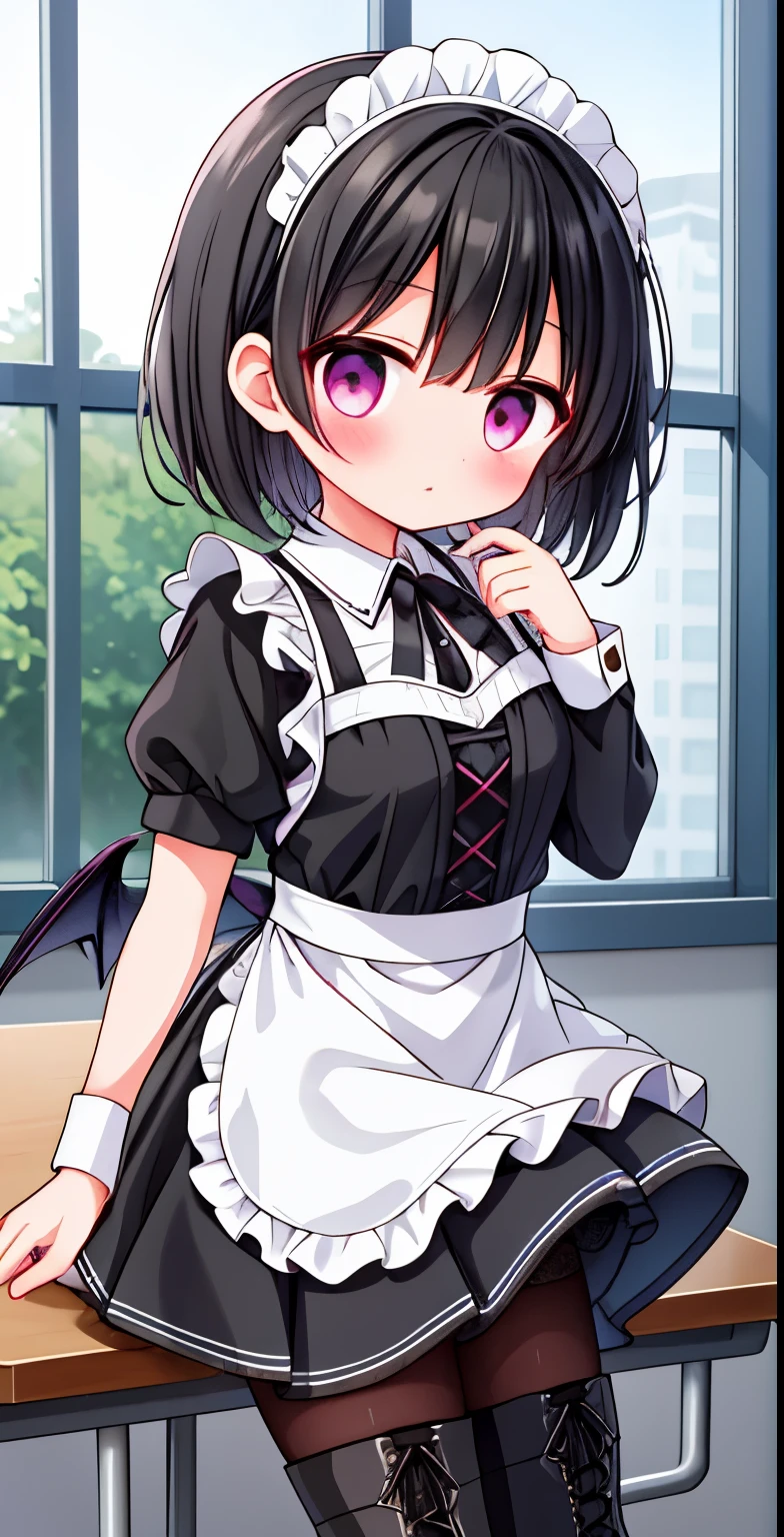 girl,short black hair,maid outfit,Black lace-up boots,white pantyhose,blush shy,classroom scene,demon