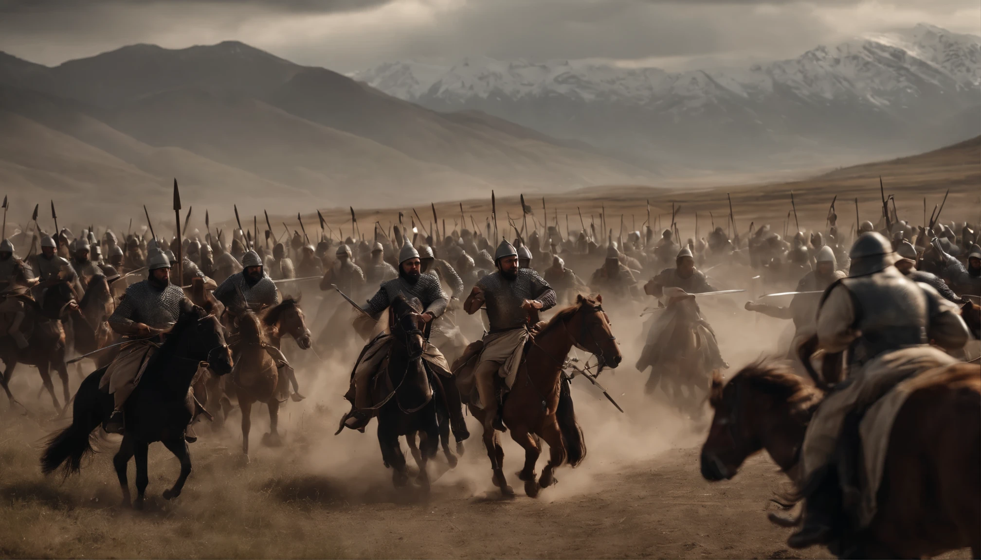 Create a realistic photo depicting the intense battle between the Georgian and Seljuk forces in the year 1121, with warriors engaged in close combat, wielding swords. The image should capture the raw emotion and brutality of the conflict, highlighting the determination and valor of the Georgian soldiers as they face off against the Seljuk warriors.
The background should reflect the rugged, mountainous terrain where the battle took place, setting the scene for the fierce confrontation. The Georgian fighters should be portrayed as courageous and resolute, facing their adversaries with unwavering determination. The Seljuk soldiers, clad in distinctive armor and brandishing their swords, should be depicted as formidable opponents, adding to the tension of the scene.
The lighting and atmosphere of the photo should convey the chaos and intensity of the battle, immersing the viewer in the dramatic and pivotal moment of the conflict. The image should serve as a powerful testament to the bravery and sacrifice of the Georgian warriors as they fought fiercely against the Seljuk forces in defense of their homeland.