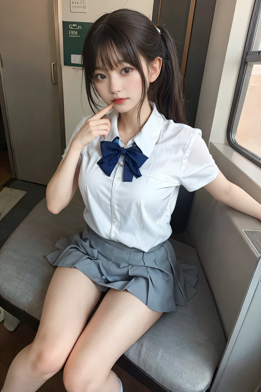wearing short skirt、Alafid asian woman wearing bow tie sitting on train, cute schoolgirl, japanese schoolgirl, wearing japanese school uniform, japanese school uniform, a hyperactual schoolgirl, Dress up as a schoolgirl, hyperactual schoolgirl, Wearing school uniform, actual , girl wearing, Wearing school uniform, one poses, whole body, Good skin, glowing skin, beautiful thighs,glowing thighs, Glowing legs, (())