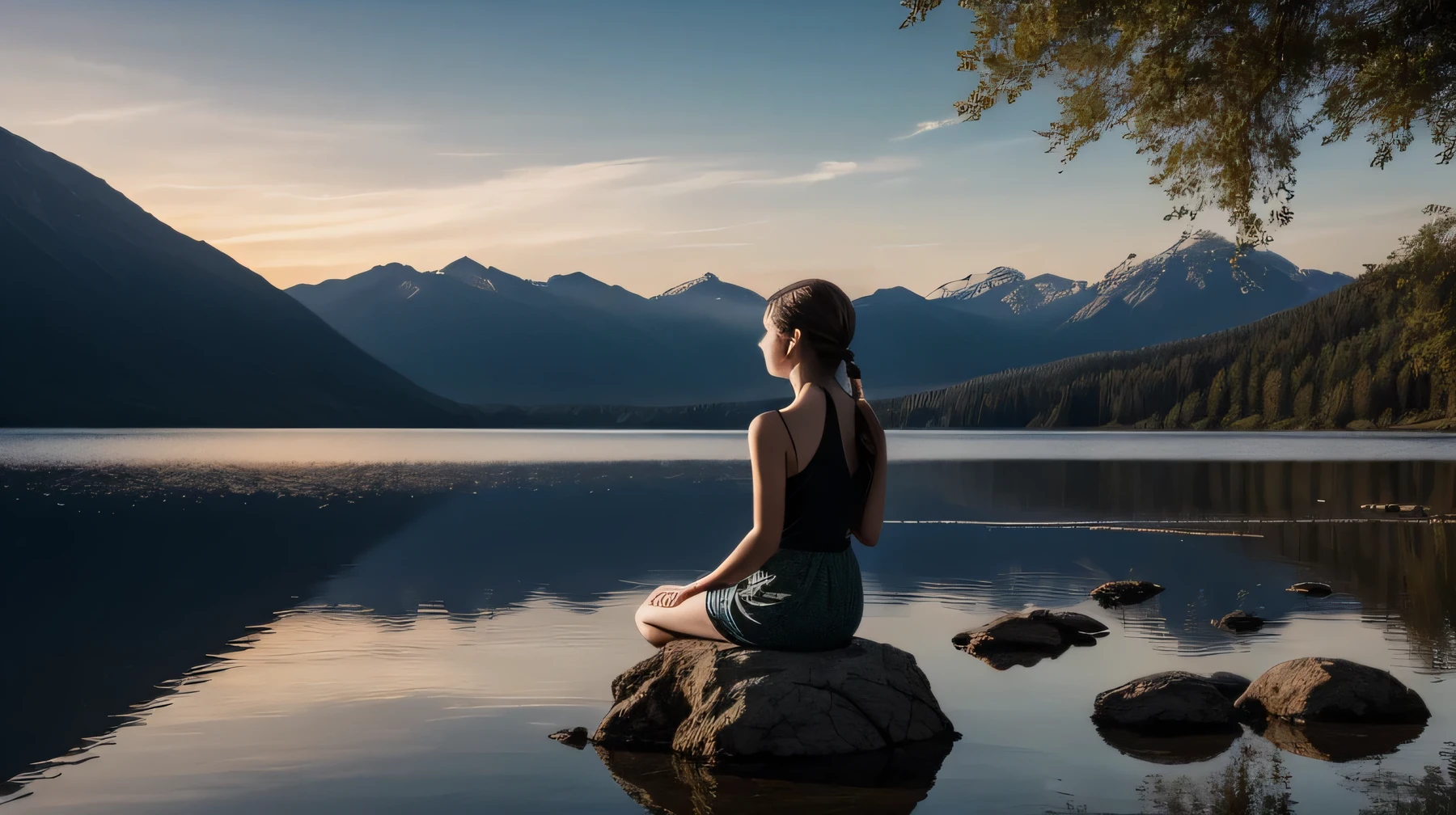 (photorealistic:1.4), (extremely intricate:1.2), masterpiece, extremely detailed CG unity 8k wallpaper, best quality, Amazing, finely detail, cinematic lighting, highres, an extremely delicate and beautiful, ray tracing, original, incredibly_absurdres, colorful, intricate detail, artbook,

A young woman, eyes closed in serene meditation, sits cross-legged on a smooth, moss-covered rock at the edge of a tranquil lake. Her back is to the viewer, as she turns her focus towards the breathtaking vista before her.

The sun dips low in the horizon, casting a warm, ethereal orange glow across the vast expanse of the lake. Snow-capped mountains rise majestically in the distance, their peaks tinged with the golden light of the setting sun. The still water reflects the vibrant hues of the sky, creating a mesmerizing mirror image above.

Calmness radiates from the young woman, her posture perfectly poised and relaxed. Her clothes, simple yet elegant, blend seamlessly with the natural surroundings. Gentle wisps of hair escape her braid, dancing in the warm breeze that whispers through the leaves.