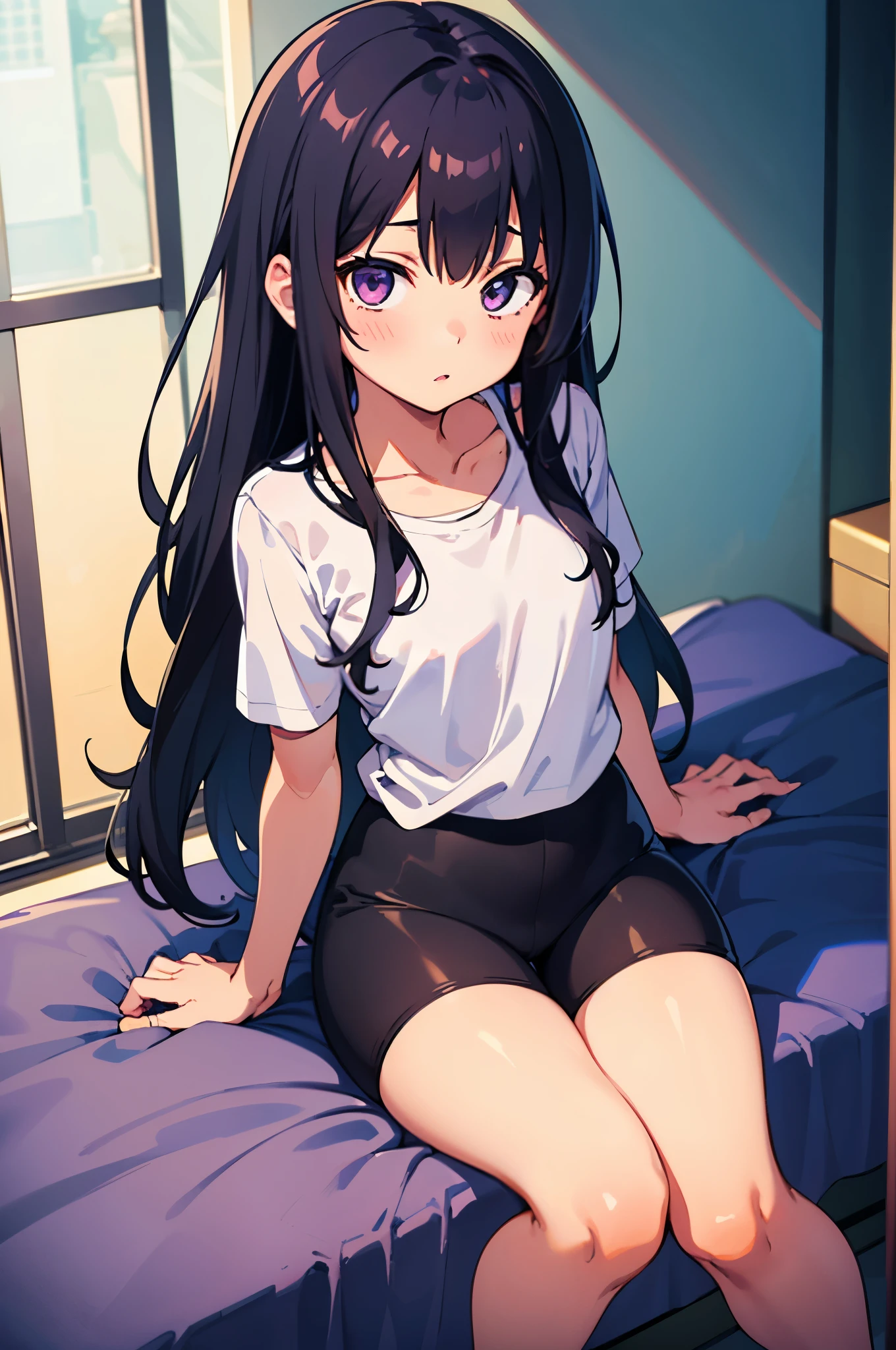 -year-old　flat chest　blacir　lohair　eyes are purple（（1 person））　Upper body plain white T-shirt　Lower body black tight leggings that reach halfway above the knee　naked from the thighs down　barefoot　girl&#39;s room　sitting on the bed　barefoot中心のアングル　dynamic angle