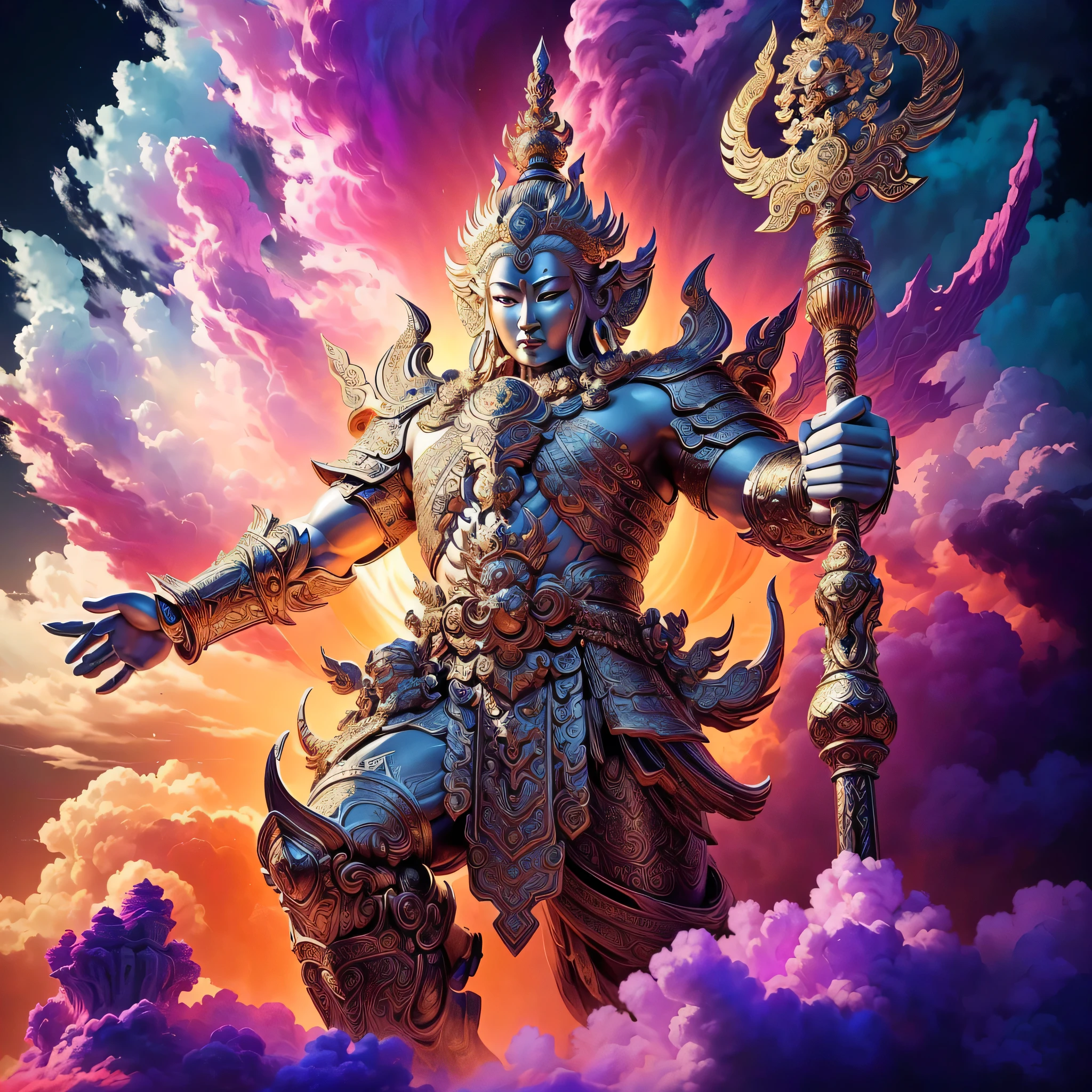 Close-up of a statue of a man holding a staff in the clouds.., asura from chinese myth, Legendary god holding a spear, Thai art, a massive celestial giant god, Thiti Luatthong, the god emperor of mankind, king of ai art, Detailed fantasy digital art, Highly detailed 4K digital art., Colorful digital fantasy art