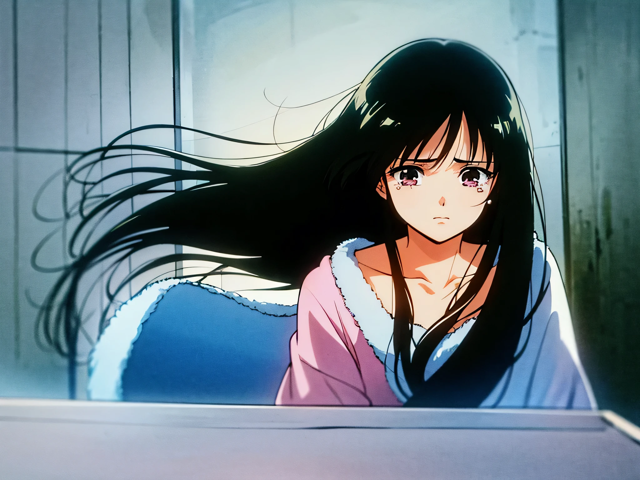 (highest quality:0.8) alone, perfect anime illustration, Cute, Crying woman with long dark hair looking in the mirror in a dark room, wearing a robe