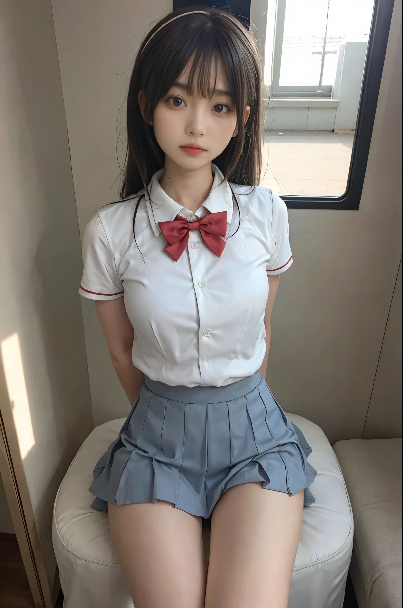 wearing short skirt、Alafid asian woman wearing bow tie sitting on train, cute schoolgirl, japanese schoolgirl, wearing japanese school uniform, japanese school uniform, a hyperactual schoolgirl, Dress up as a schoolgirl, hyperactual schoolgirl, Wearing school uniform, actual , girl wearing, Wearing school uniform, one poses, whole body, Good skin, glowing skin, beautiful thighs,glowing thighs, Glowing legs, (())