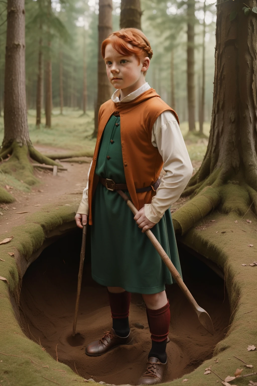 England, 1327. A little ((((11-year-old)) Merthin Fitzgerald)), handsome, athletic, in the forest, digging a small hole, ((scared panic expression)). ((((clothings from the 1300s)))), ((redhead hairstyle of the 1300s))