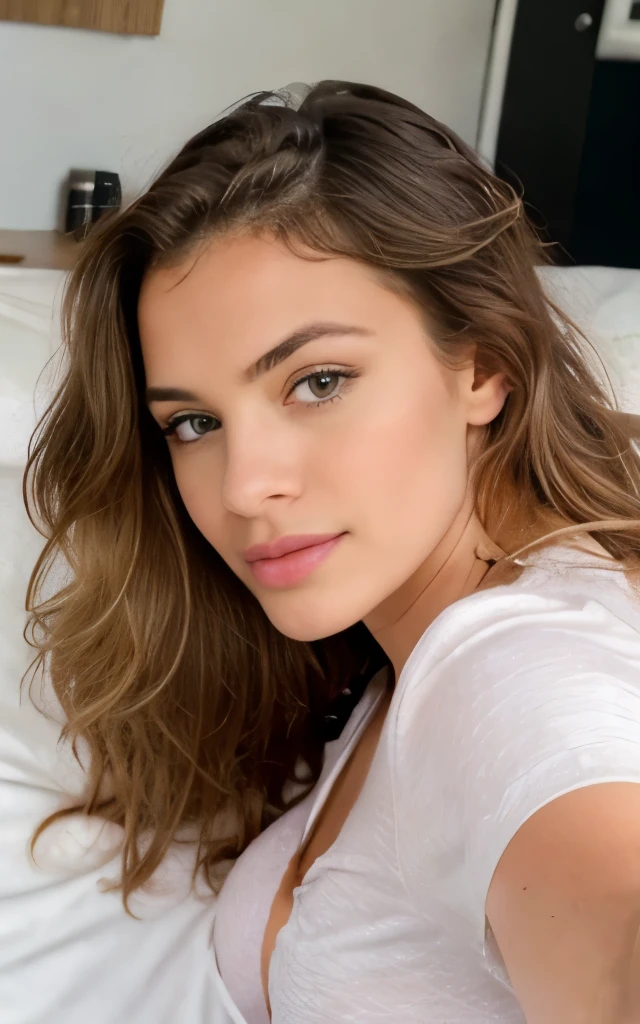 Jolie belle blonde en pyjama sexy faisant un selfie (dans un lit), selfie, low-cut, very detailed, 14 ans, visage innocent, naturally wavy hair, yeux bleus, high resolution, chef-d'artwork, Meilleur Qulaity, intricate details, very detailed, mise au point nette, detailed skin, Realistic skin texture, texture, detailed eyes, professionnel, 4k, sourire charmant, prise avec Canon, 85 millimeters, Slight depth of field, Kodak Vision Couleur, perfectly fitted body, Extremely detailed, photographier_\(Ultra\), photographierréaliste, Realistic, Post-traitement, maximum details, roughness, vrai vie, Ultrarealistic, Photorealism, photographie, 8k euh, photographie