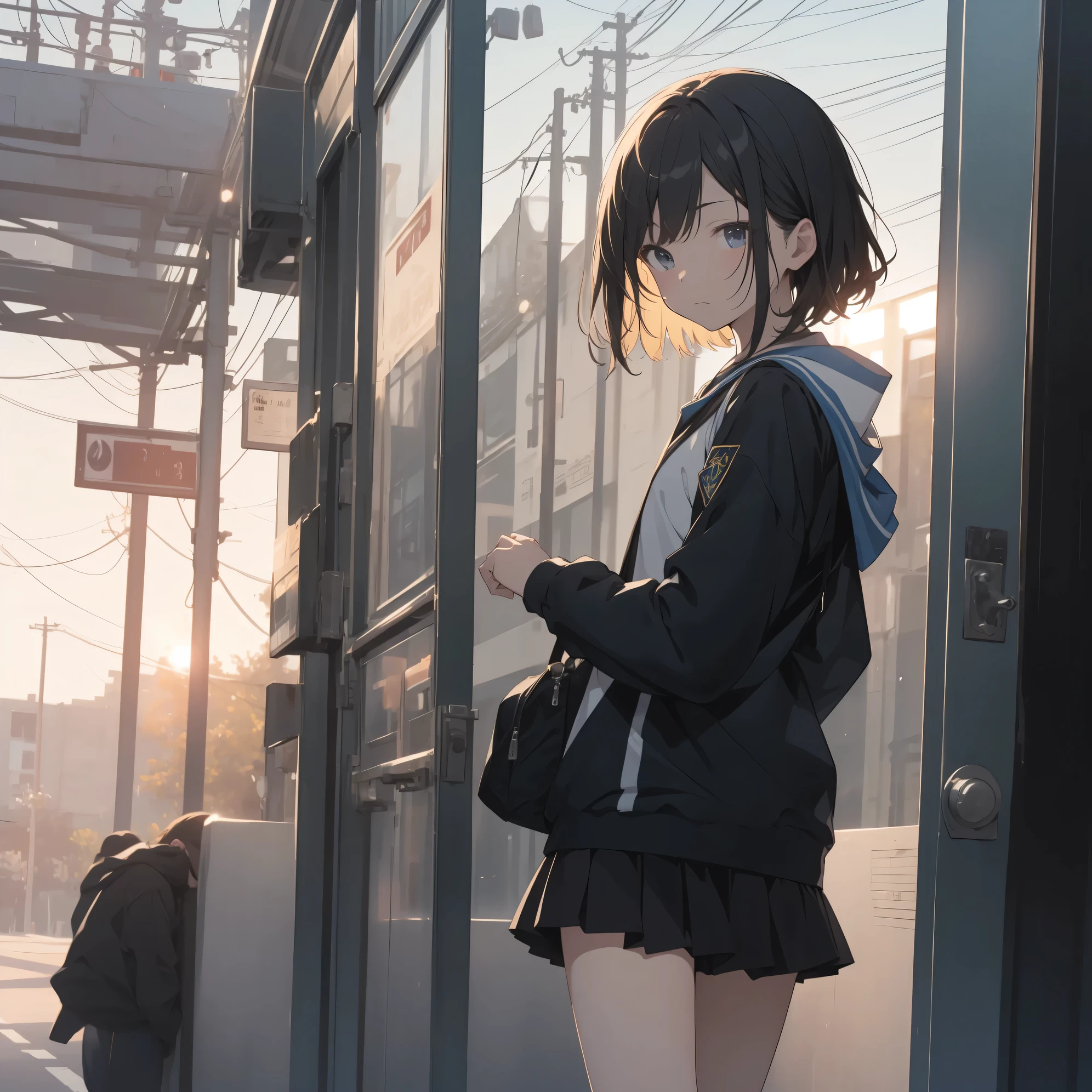 Super high quality by the art god, super detailed, High resolution, anime moe art style, best anime 8K konachan wallpaper, pixiv contest winner, perfect anatomy, break,(眠そうにalone学校へ行く女の子を描いてください. )break, 1 girl, (alone,little woman, ta, , 13 y),All limbs, full finger,, The charm of an immature body, (very short hair), flat chest, small ass, between legs, slim legs, Small black eyes, beautiful and fine eyes, Well-proportioned iris and pupils, expressive eyes, disgusted eyes, High resolutionの詳細な髪, wearing school uniform, (skirt),(detailed lighting), (detailed background), On the way to school. break,super dense skin, Best lighting by famous artists, 8K, figure,UHD, rough skin