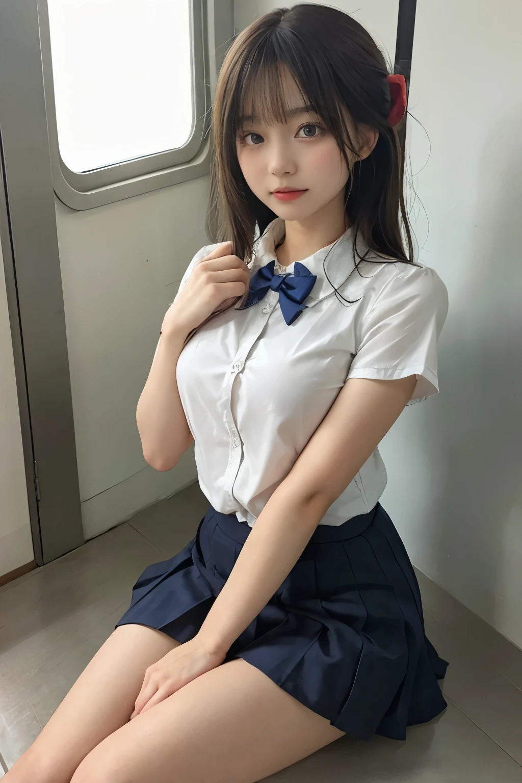 wearing short skirt、Alafid asian woman wearing bow tie sitting on train, cute schoolgirl, japanese schoolgirl, wearing japanese school uniform, japanese school uniform, a hyperactual schoolgirl, Dress up as a schoolgirl, hyperactual schoolgirl, Wearing school uniform, actual , girl wearing, Wearing school uniform, one poses, whole body, Good skin, glowing skin, beautiful thighs,glowing thighs, Glowing legs, six fingers