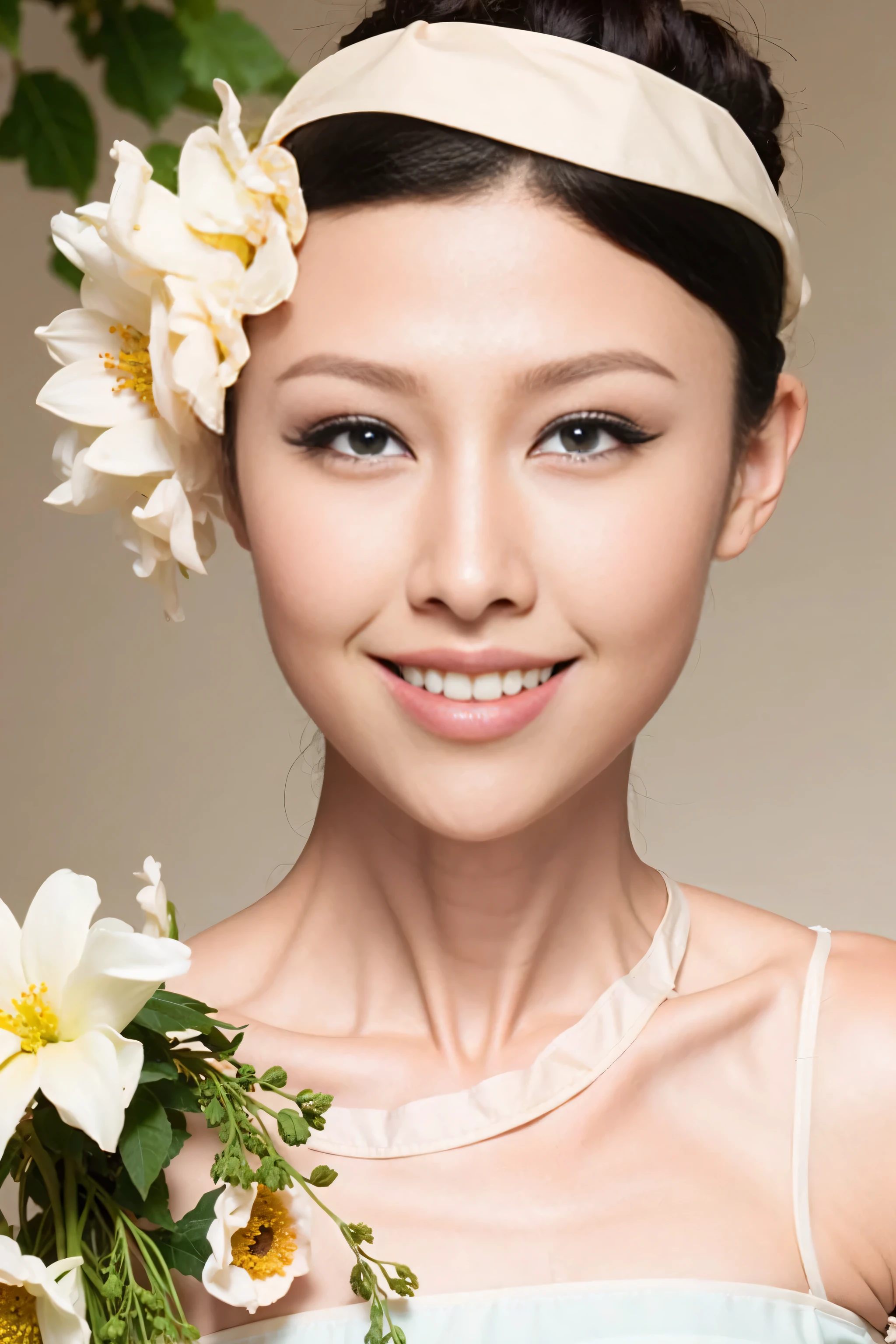 Fashion model 20 years old [[[[close up]]]], [[[[neck]]]], [[[[Shoulder]]]], perfect eyes, perfect iris，perfect lips，perfect teeth，perfect skin，White skin，Soft headlight，high-density imaging review，long hair，（Face is clear and delicate），White casual wear，The background is outdoor，Green trees and flowers，best quality，masterpiece，（pastel colors：1.2）