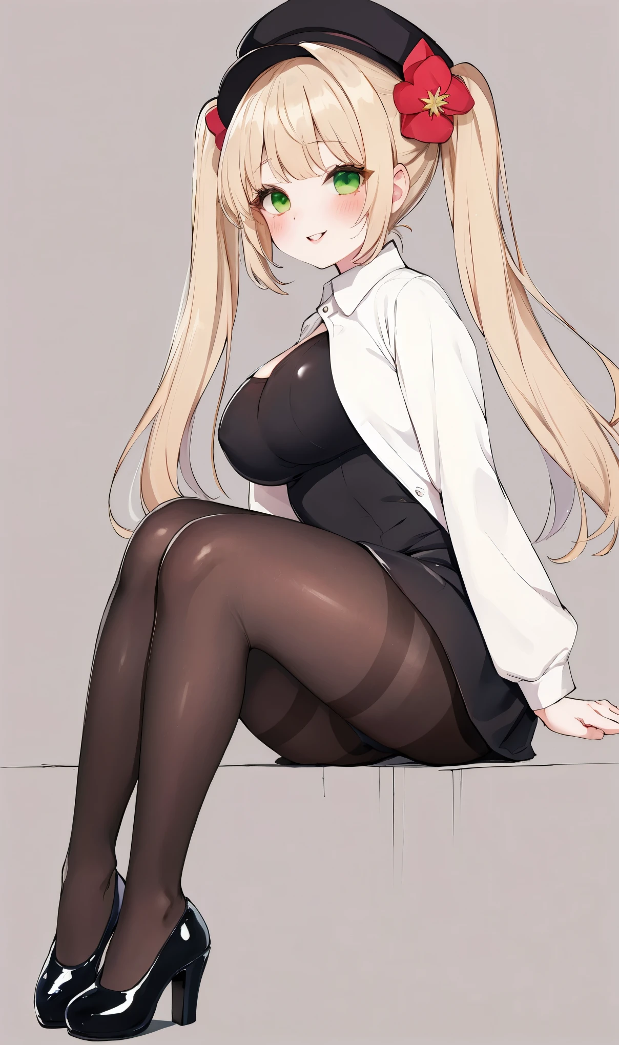 (best quality, masterpiece, highres),1girl,solo, sandy blonde hair,hair,twintails,,black pantyhose,pout,sitting,blush,simple background,looking to the side, green eyes, blush, juicy lips, glossy skin, glittery eyes, doll eyes, black footwear, black pantyhose, brown dress, brown headwear, long sleeves, big , smiling, fat juicy tits, fat juicy ass, juicy lips