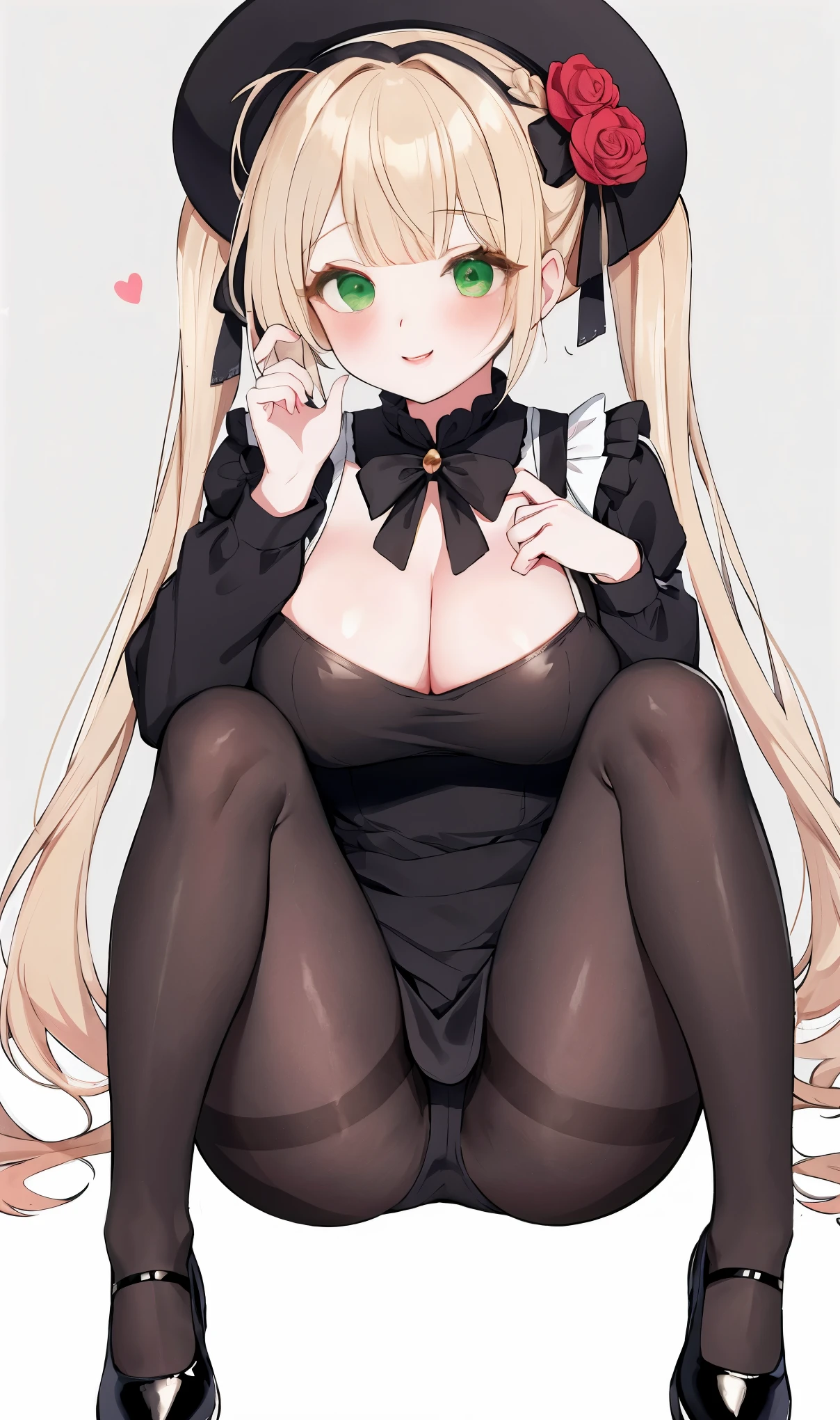 (best quality, masterpiece, highres),1girl,solo, sandy blonde hair,hair,twintails,,black pantyhose,pout,sitting,blush,simple background,looking to the side, green eyes, blush, juicy lips, glossy skin, glittery eyes, doll eyes, black footwear, black pantyhose, brown dress, brown headwear, long sleeves, big , smiling, fat juicy tits, fat juicy ass, juicy lips