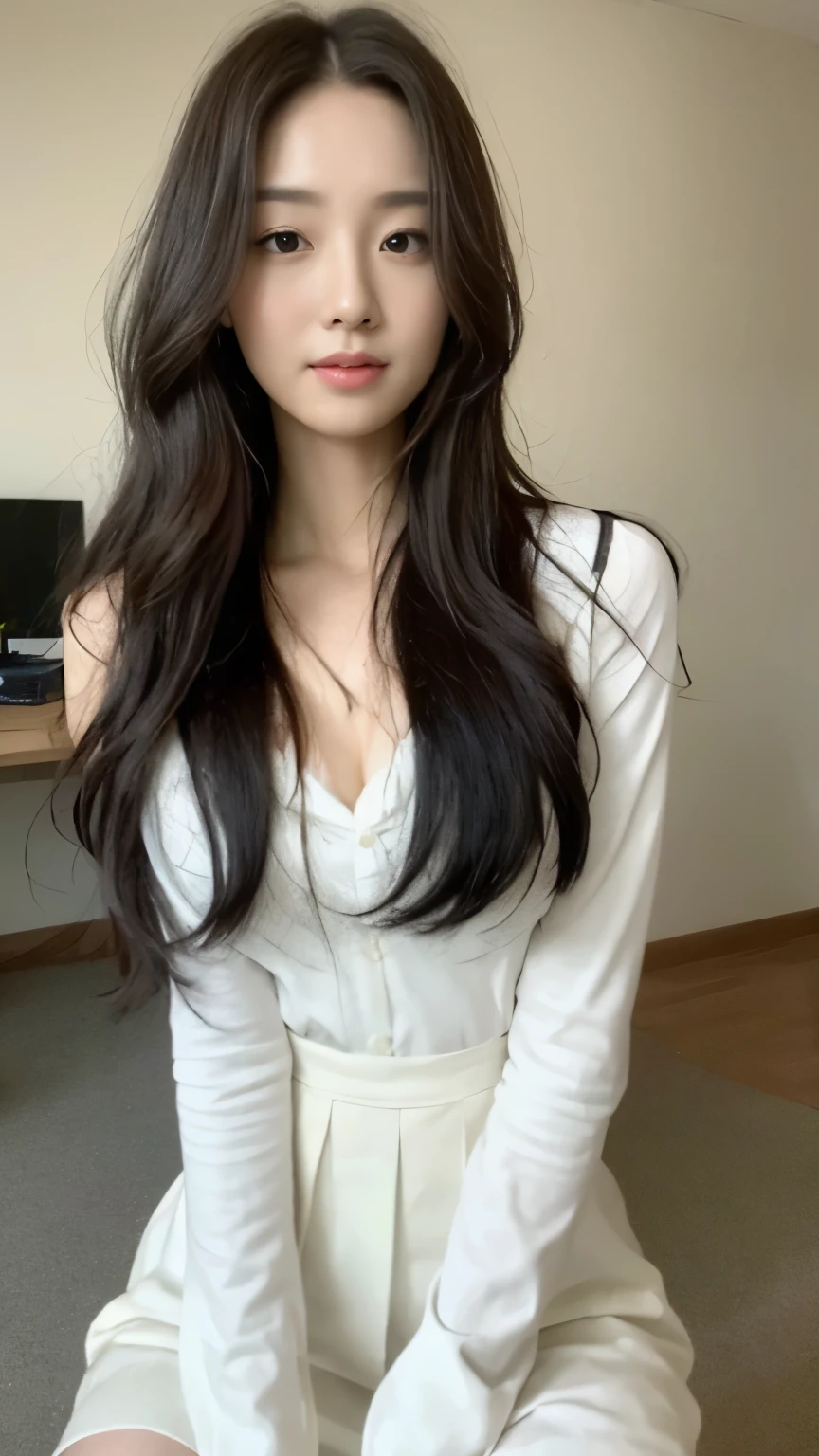 ((top-quality、8k、masterpiece:1.3))、Beautiful woman with perfect body:1.4、slim abdomen:1.2、Longhair, normal breast, Highly detailed facial and skin texture, A detailed eye, delicate eyes, double eyelid, (smile), (full body shot), ((office room)), (sitting on chair), (((wearing white uniform 1.1))), looking in front