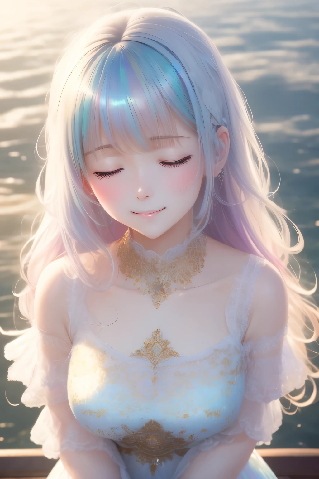 from above, best quality, 32k, RAW photo, incredibly absurdres, extremely detailed, delicate texture, cute woman, front, face up, closed eyes, half-open lips, happy, shy, background iridescent pastel colors, fantastic fog mist, (falling gold dust: 0.7)