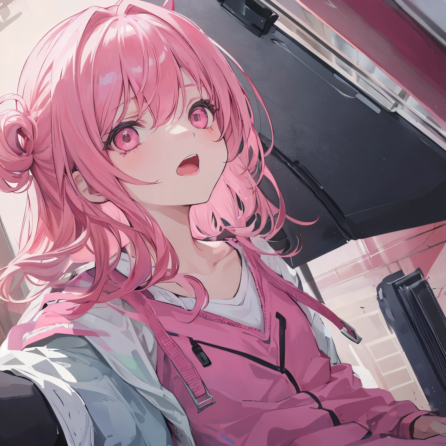 Anime girl with pink hair and pink apron sitting on a bench - SeaArt AI