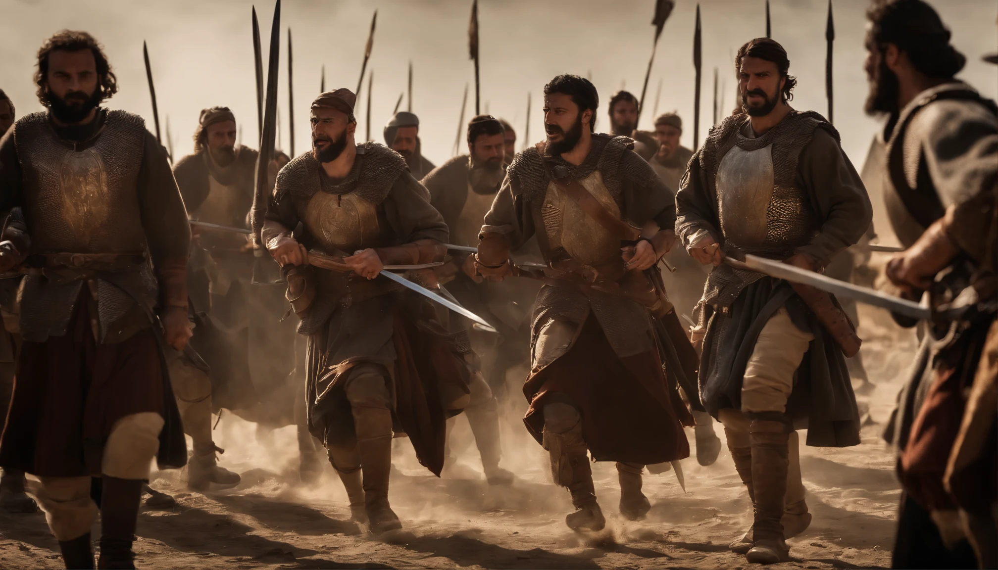 Create a realistic photo of 200 Georgian warriors bringing chaos to the camp of Seljuks, when they reveal swords and start fight. depicting the emotions and interactions between the two groups as they come together. Capture the tension, uncertainty, and potential conflict in the scene. Use historical references and accurate details to bring the moment to life.