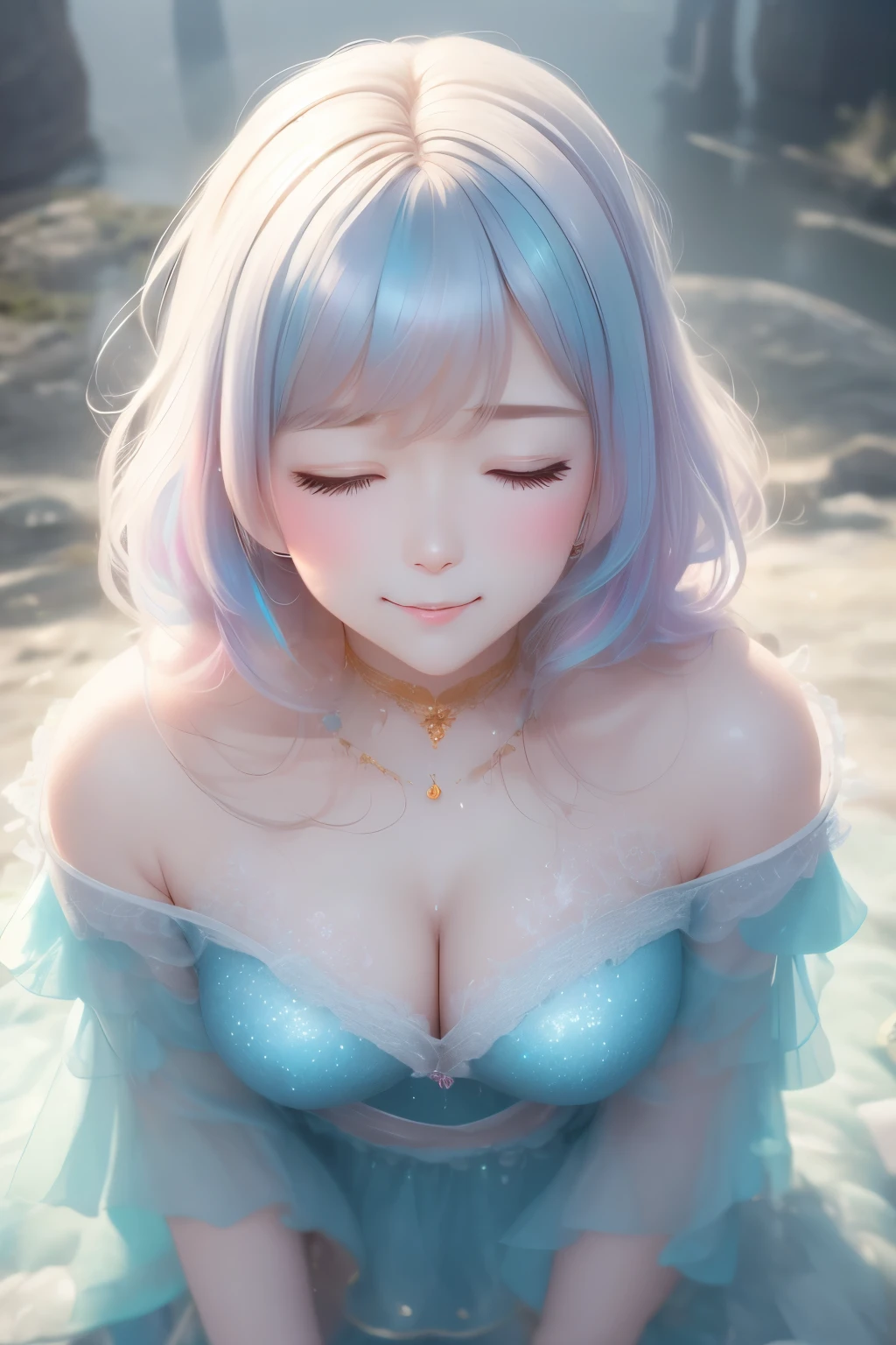 from above, best quality, 32k, RAW photo, incredibly absurdres, extremely detailed, delicate texture, cute woman, front, face up, closed eyes, half-open lips, happy, shy, background iridescent pastel colors, fantastic fog mist, (falling gold dust: 0.7)