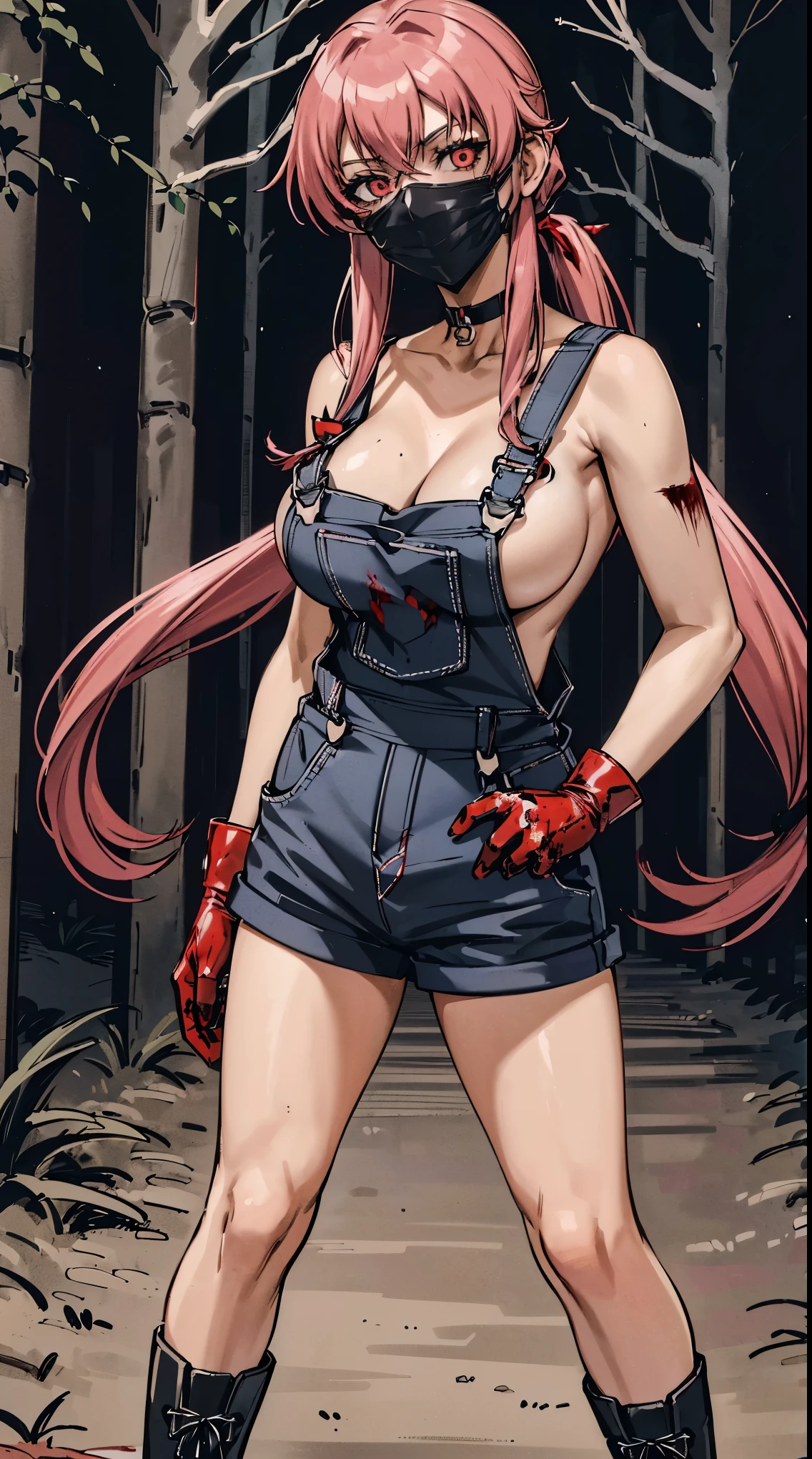 anime_still, masterpiece, best quality, 1girl, Gasai Yuno, long hair, pink hair, low twintails, smile, naked, red eyes, (large breasts:1.5),1girl, black choker, dark grey, (overalls:1.25), leather gloves, black boots, ((nigth:1.5)), (chasing you through the woods BY yuno gasai), moonlight, blood on floor, horror scane, (horror movie post:1.5) (evil eyes:1.6), (horror_movies:1.5), (dark and foreboding Fores:1.5),(dark:1.7), (out_boorlood on hands:1.5), (blood stain:1.25), (black face mask:1.25), from below,