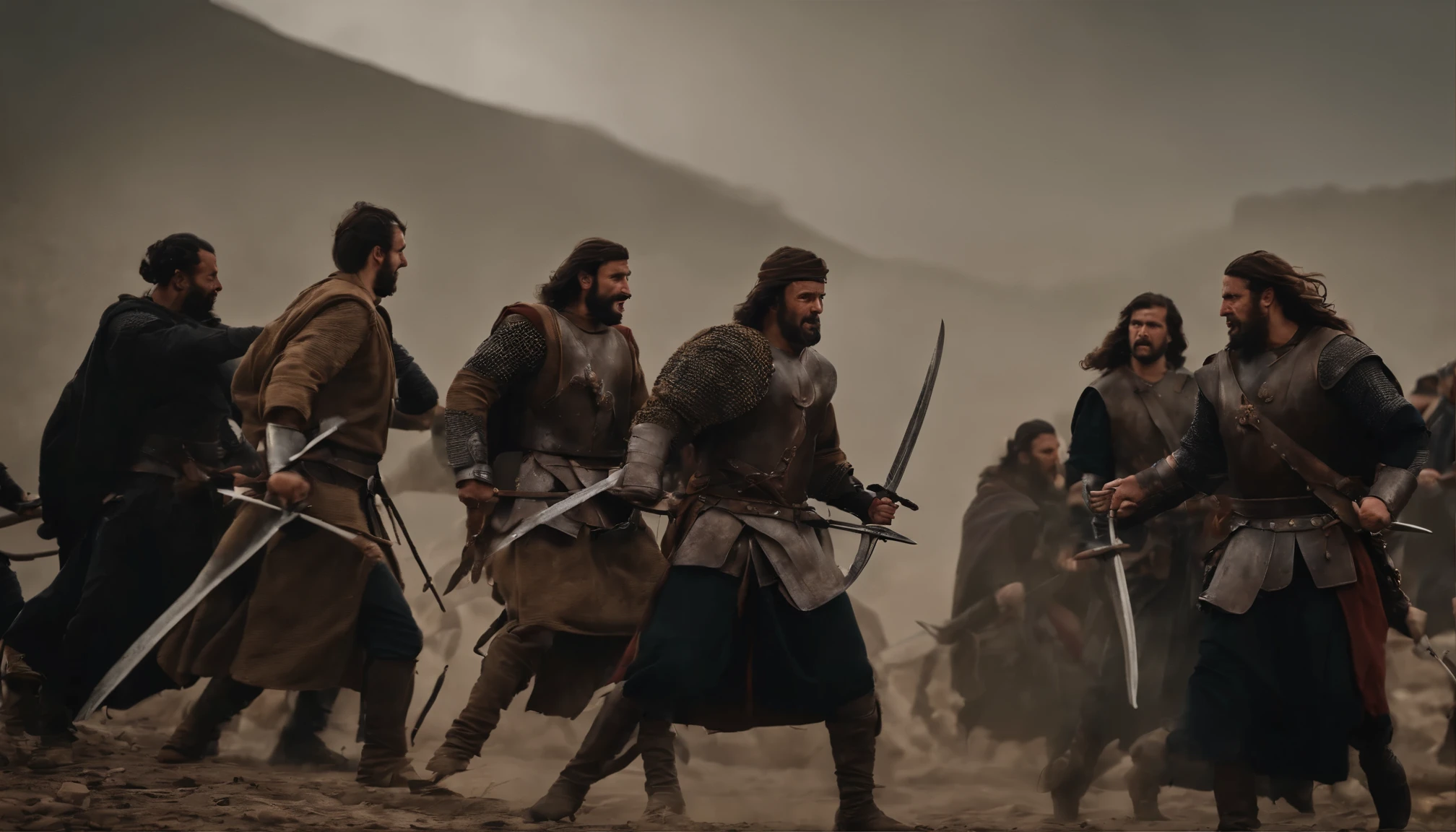 Create a realistic photo of 200 Georgian warriors bringing chaos to the camp of Seljuks, when they reveal swords and start fight. depicting the emotions and interactions between the two groups as they come together. Capture the tension, uncertainty, and potential conflict in the scene. Use historical references and accurate details to bring the moment to life.