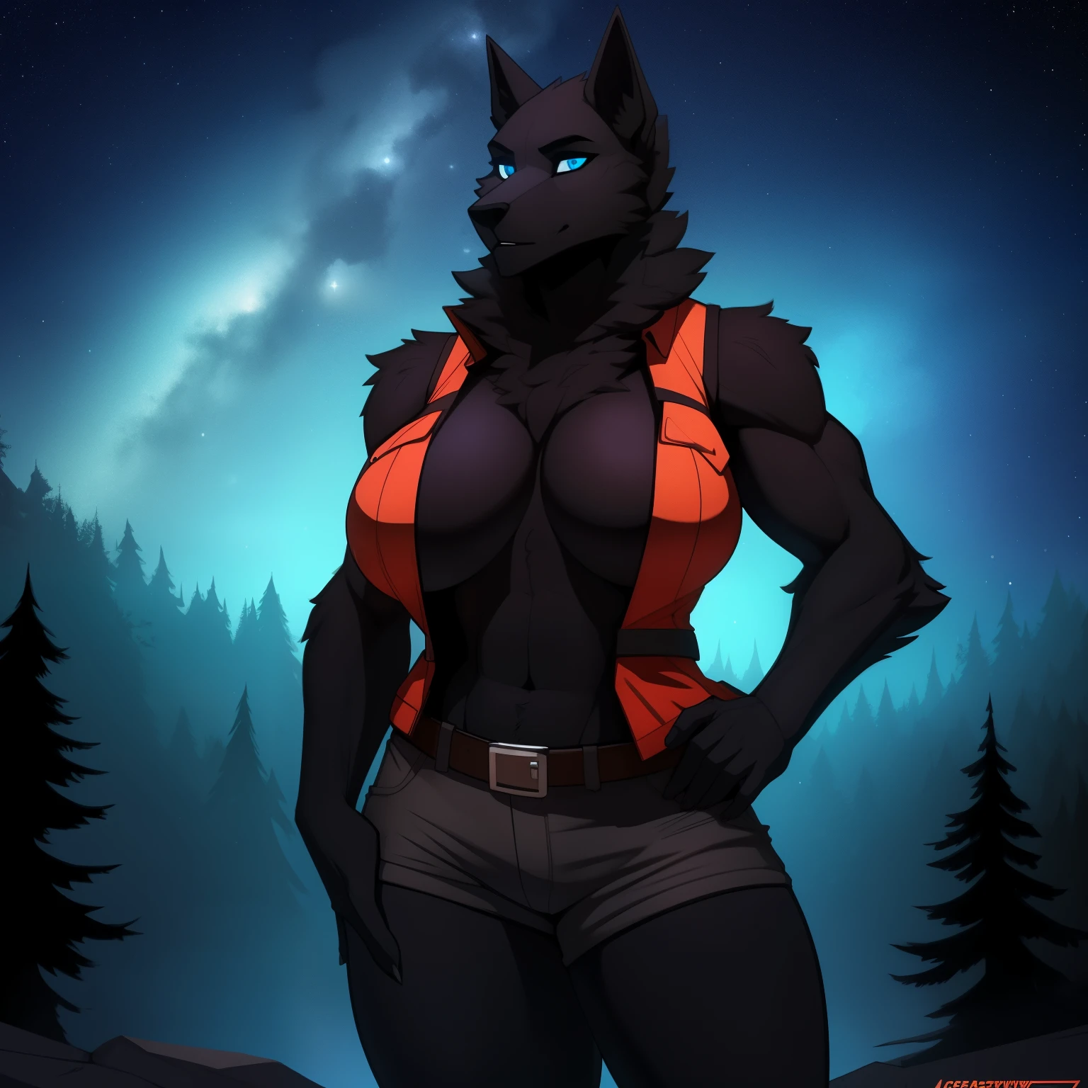 Tall_muscular_mature_werewolf full_breasts female black_furry_body blue_eyes chest_tuft very_fluffy misty_breath forest starry_sky solo Masterpiece best_quality absurdres highly_detailed well_drawn_eyes anthro_only by_claweddrip, by_greasymojo, by_underscore-b, by_runawaystride unbuttoned_vest