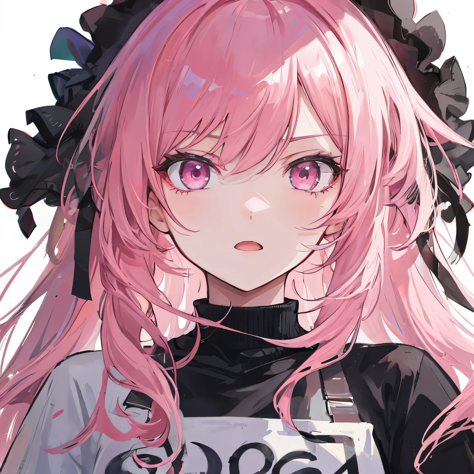 A girl, portrait, casual clothes, pink hair, pink eyes, open mouth, serious