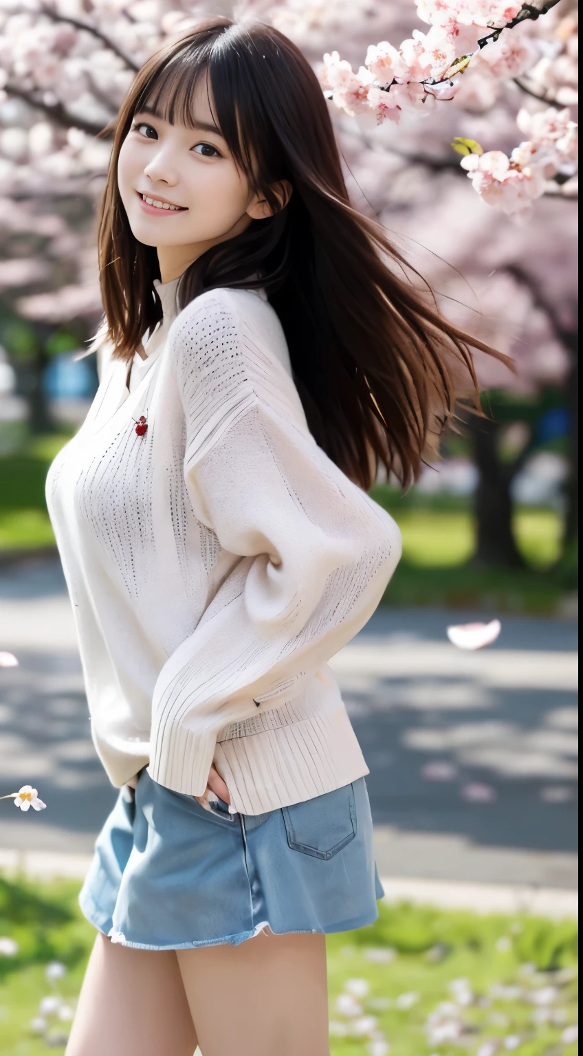 (Wearing colorful spring sweaters and shirts、Close-up of two girls with slender small breasts and long hair with blunt bangs :1.5)、(Two girls dancing with small smiles and their hair fluttering in the wind :1.5)、(Rows of cherry blossom trees in full bloom and cherry blossom petals dancing in the wind:1.5)、(perfect anatomy:1.3)、(no mask:1.3)、(full finger:1.3)、realistic、photograph、table top、highest quality、High resolution, delicate and beautiful、perfect face、beautiful and fine eyes、Fair skin、real human skin、pores、((thin legs))、(black hair)