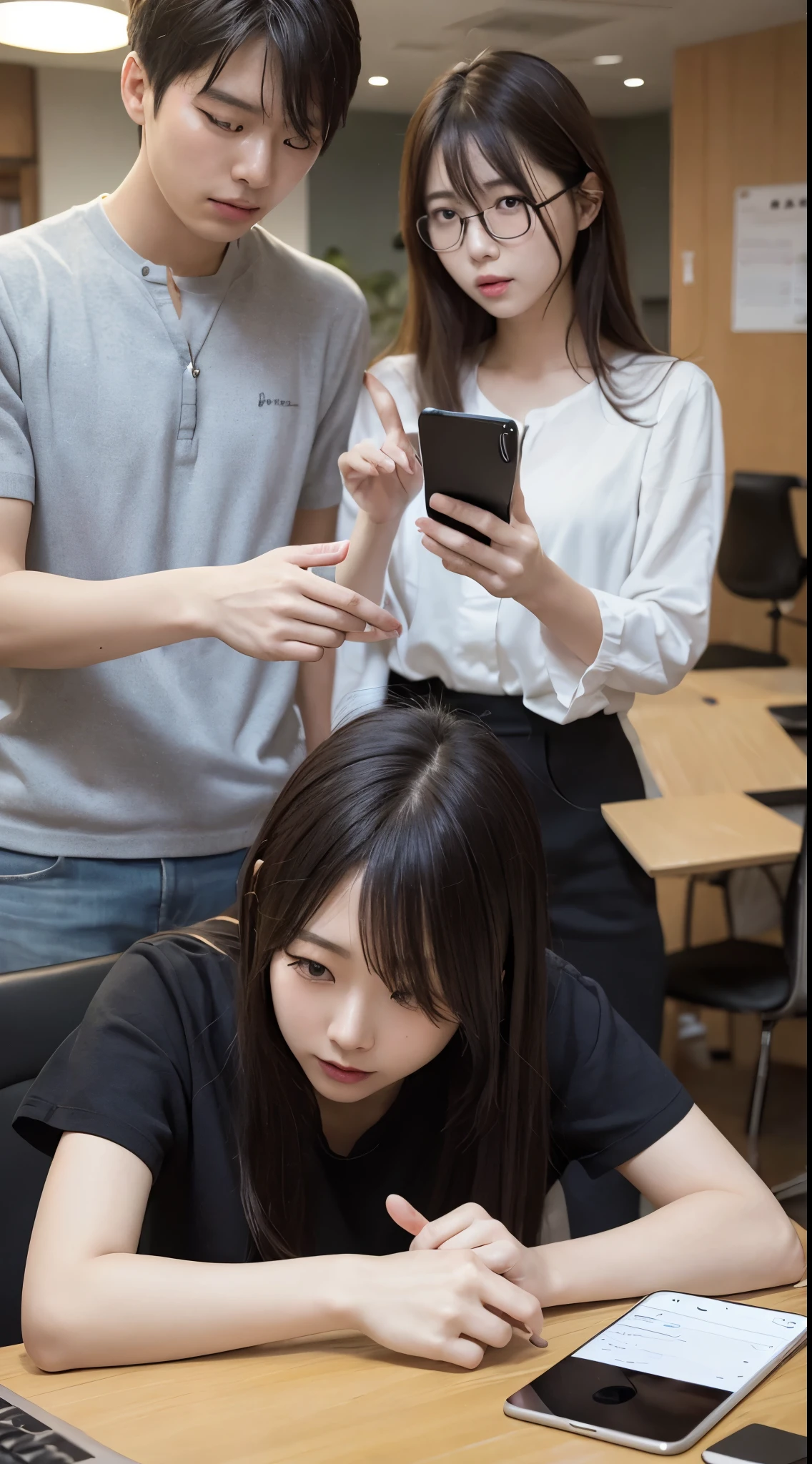 a japanese female beautiful programmer and a male korean programmer are pointing to the whiteboard. they are arguing the UI of an mobile app. 