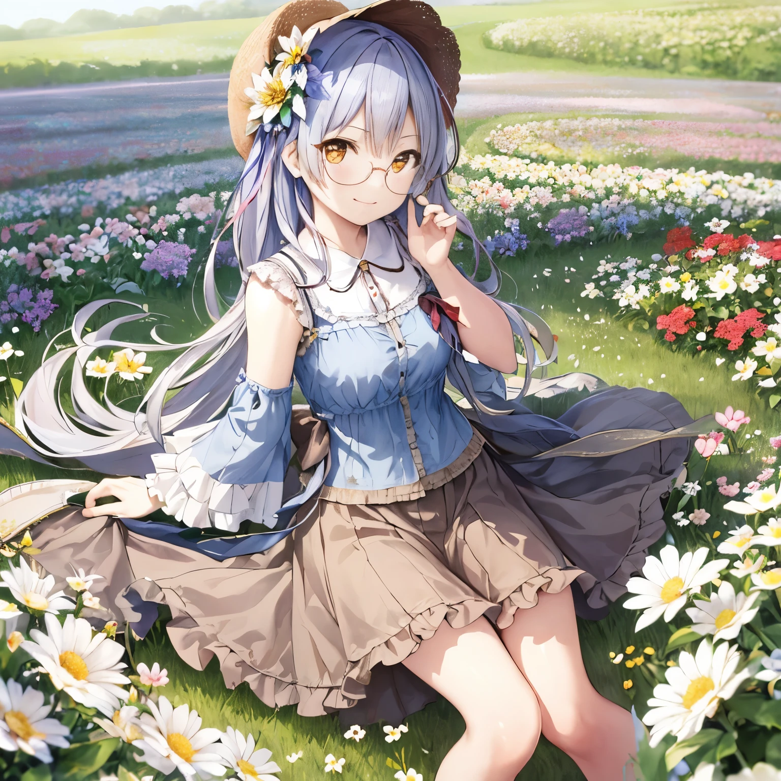 masterpiece, highest quality, 1 girl, 一人in, length_hair, looking for_in_viewer, smile, 前hair, skirt, shirt, length_dispel, hin, dress, bow, holding, closed_mouth, flower, frills, hair_flower, flowerびら, flower束, holding_flower, center_frills, bonnet, holding_flower束, flower field, flower field, line drawing, Glasses, 薄紫のhair