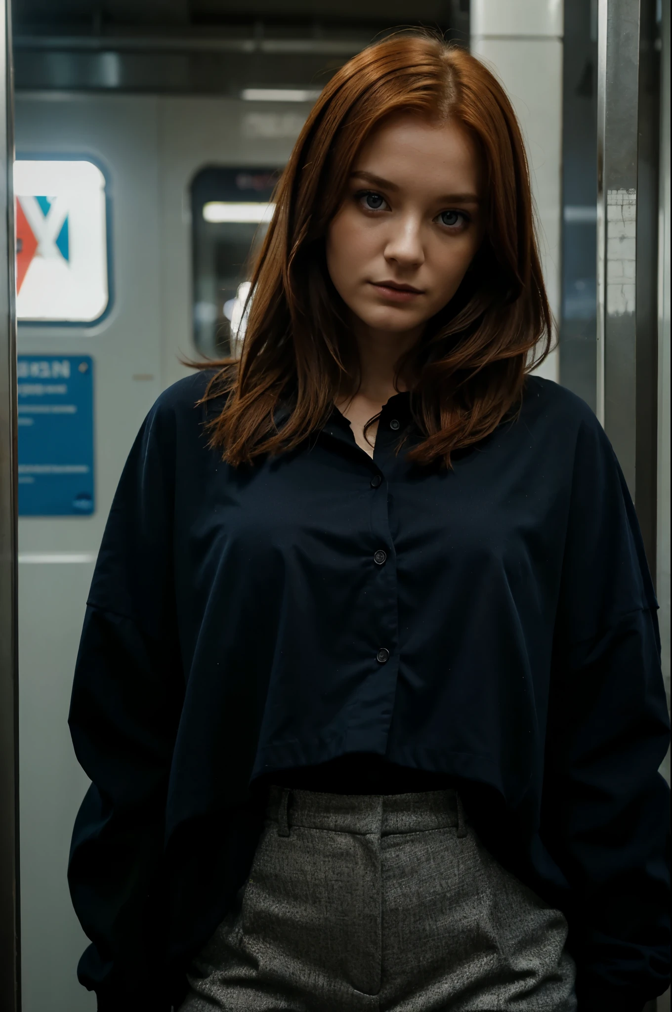 female, 28 years old, rousse, yeux bleus, dark clothes, subway