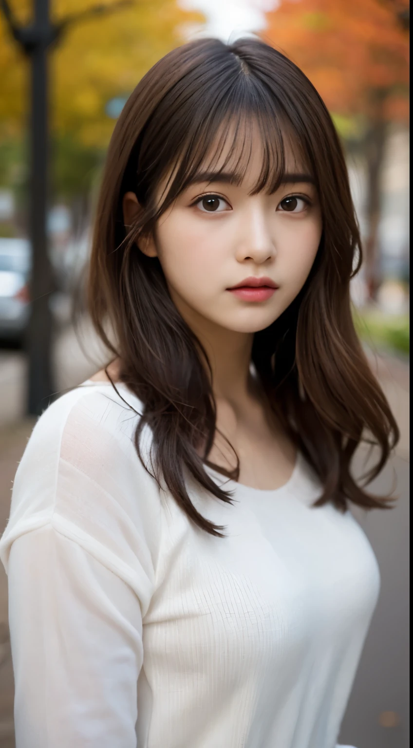 table top, highest quality, figure, super detailed, finely, High resolution, 8k wallpaper, 完璧なダイナミックな構figure, beautiful and fine eyes, Women's Fashion Autumn,medium hair,small breasts natural color lip,,Harajuku、20 year old girl、cute、sexy shot looking at camera、autumn&#39;s、Wood Bright、Transparency、Face of sadness、Bleach Color、Roots Color、Shador Arts、Color Sweep、Bleach Hair
